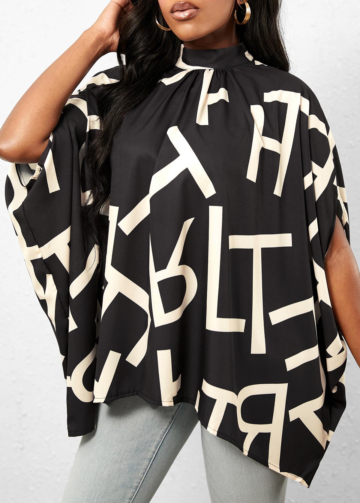 Black tops,Letter tops,Geometric Print Black Mock Neck T Shirt