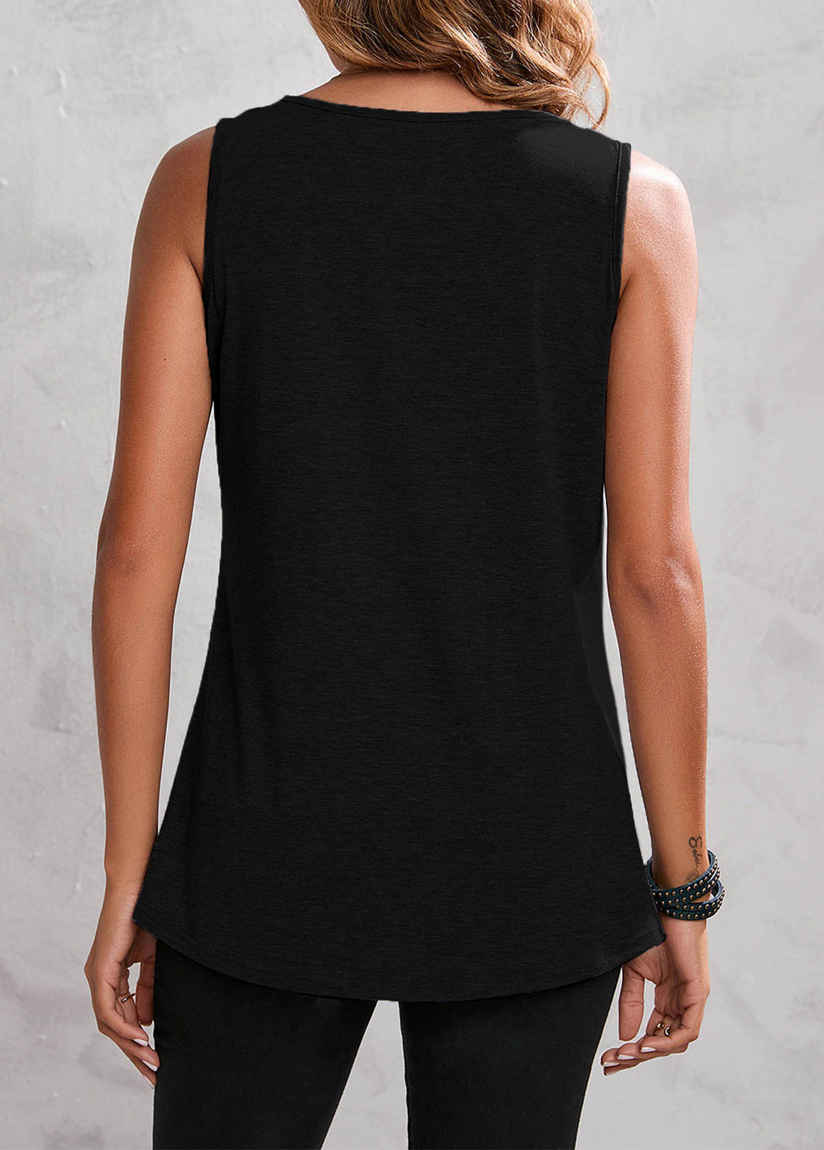 Black tops,Plain Color tops,Black Fold Round Neck Tank Top