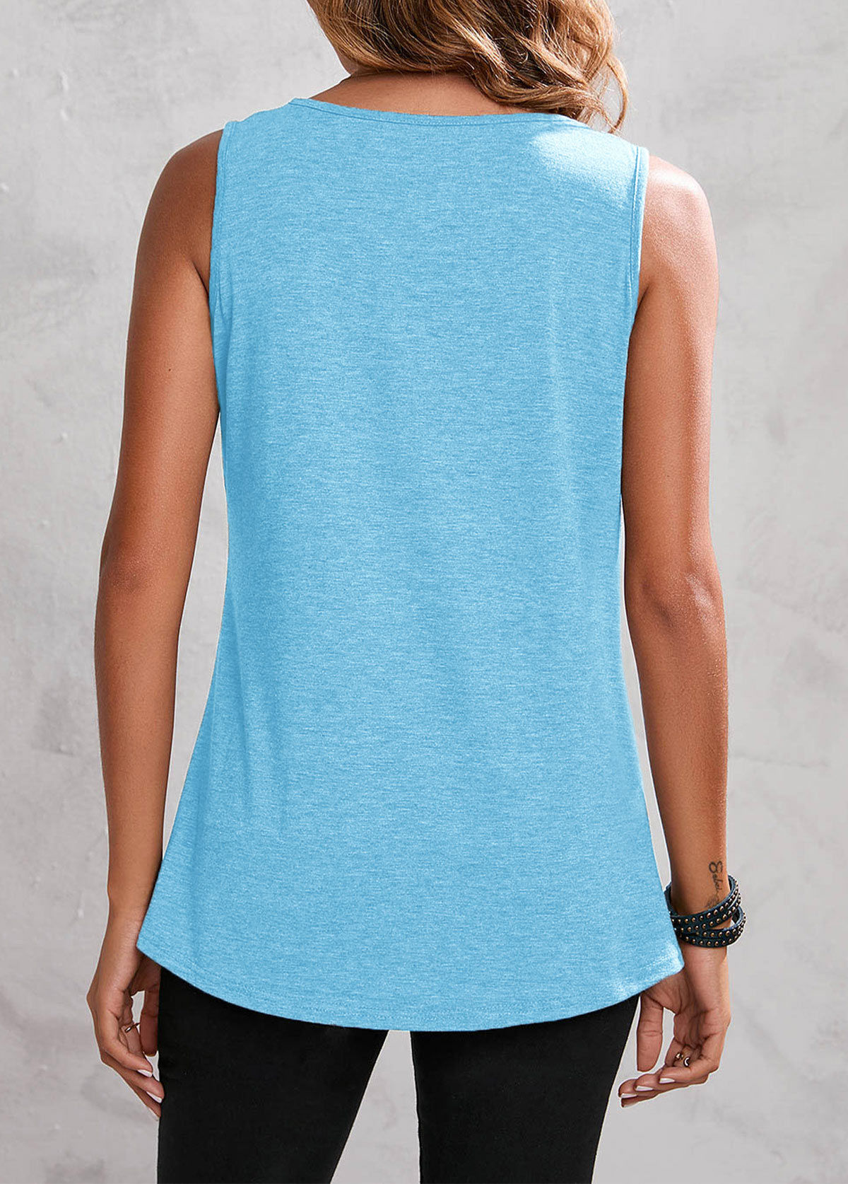 Plain Color tops,Light Blue Fold Round Neck Tank Top