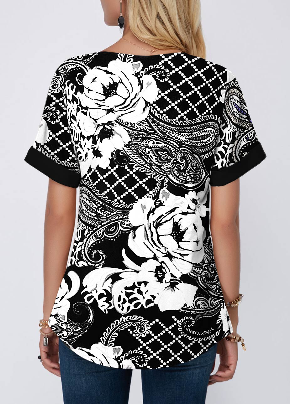 Black tops,Floral tops,ROTITA Paisley Print Split Neck Short Sleeve Black Blouse