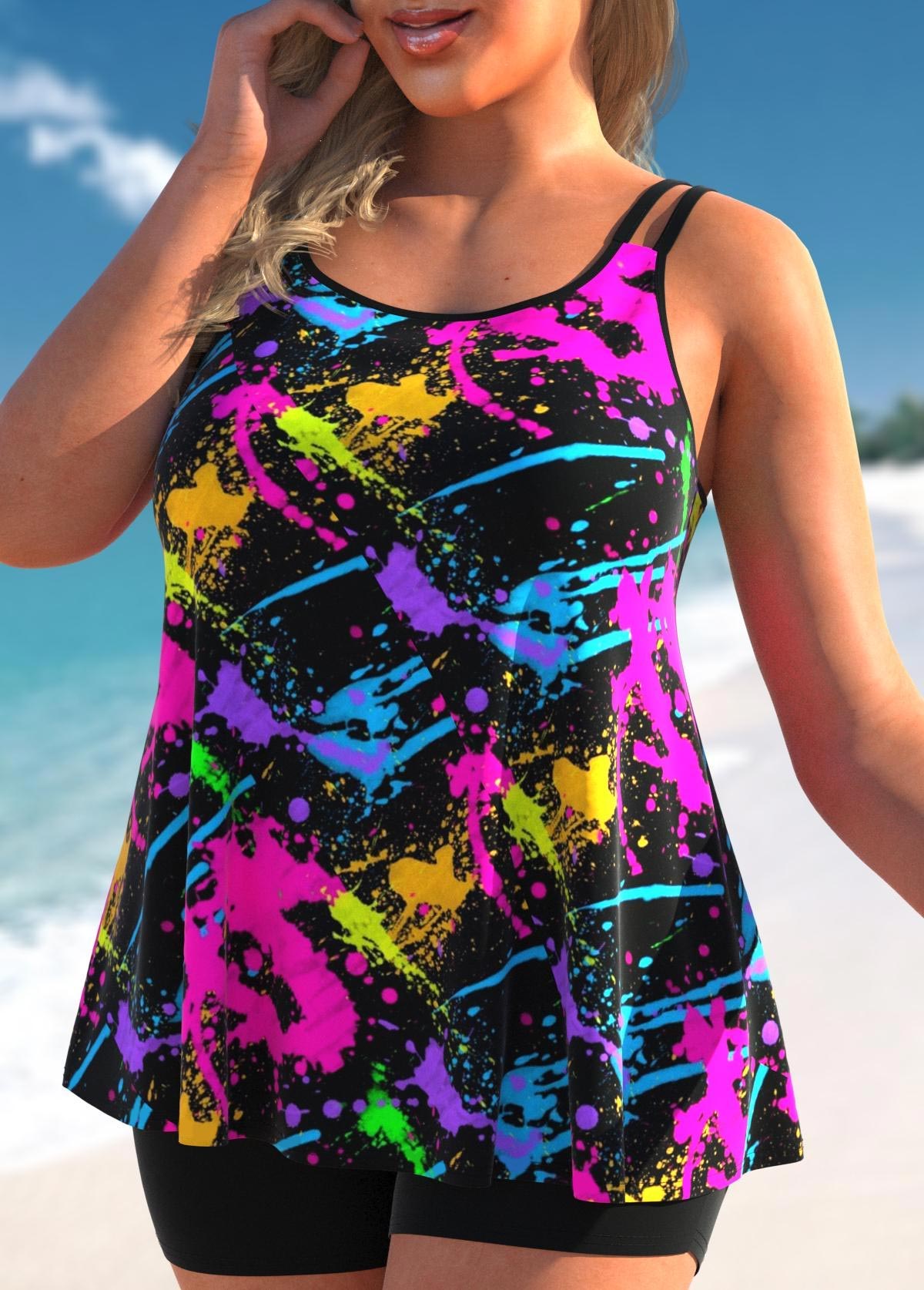 Black plus size,Graphic plus size,ROTITA Black Plus Size Graffiti Print Tankini Top