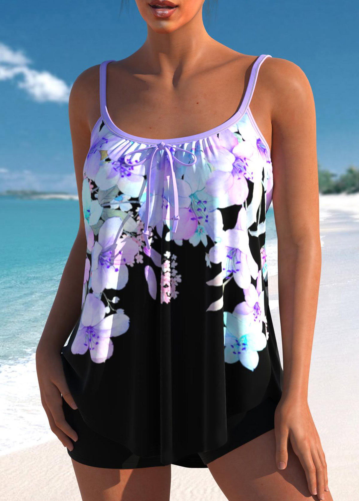 Light Purple swimwear,Floral swimwear,ROTITA Floral Print Bowknot Light Purple Tankini Top