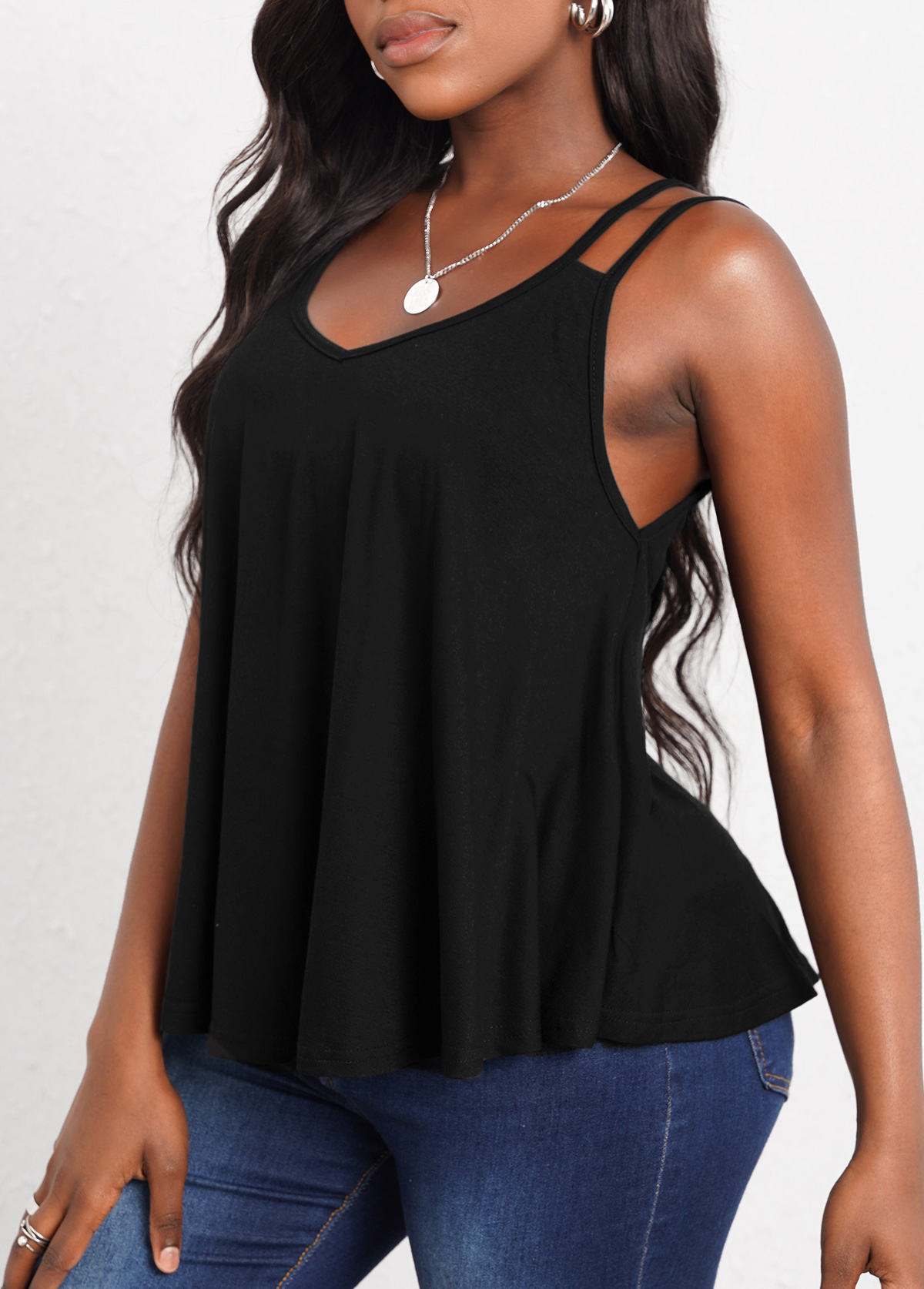 Black tops,Plain Color tops,Double Straps Black Curved Hem Camisole Top