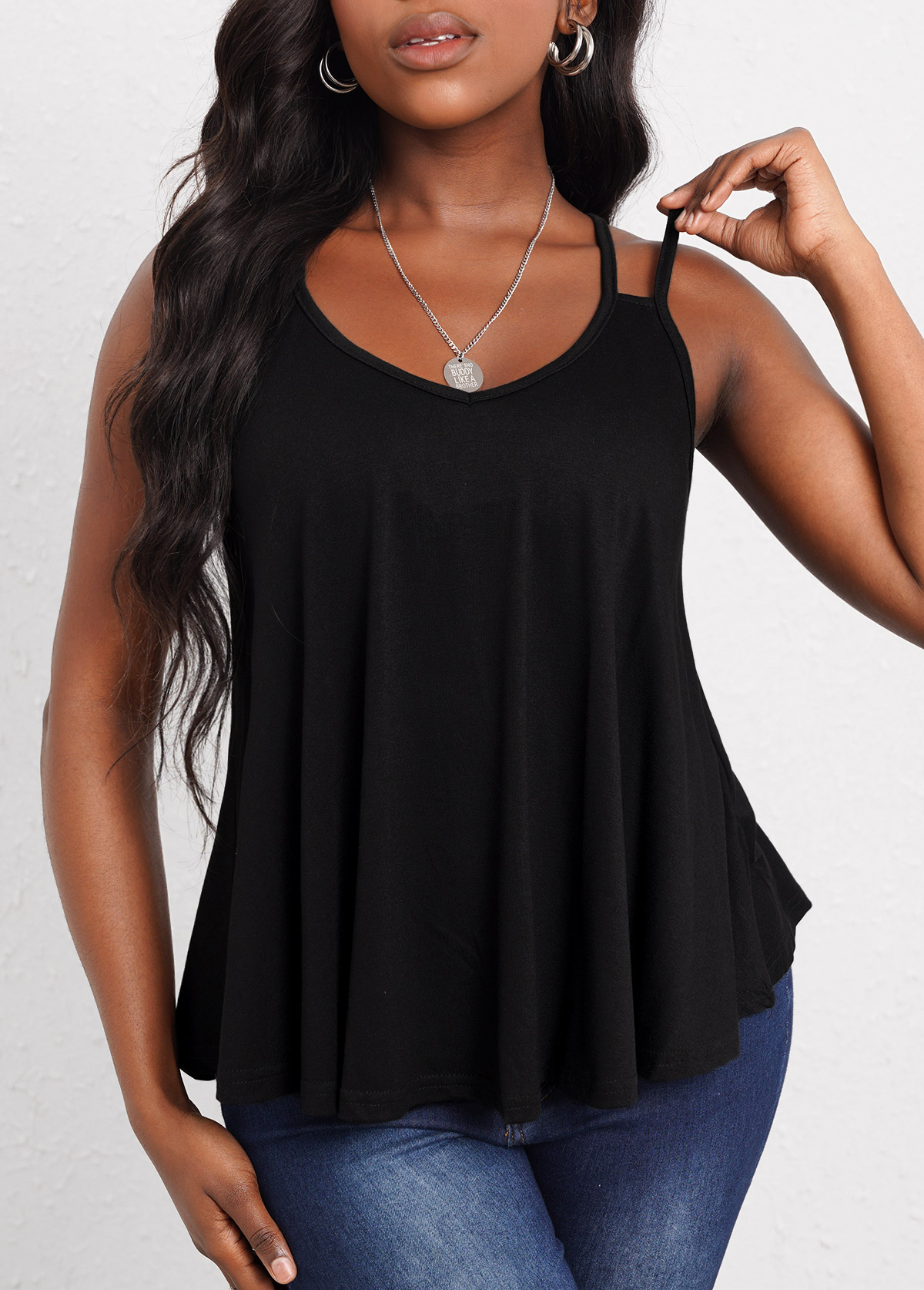 Black tops,Plain Color tops,Double Straps Black Curved Hem Camisole Top