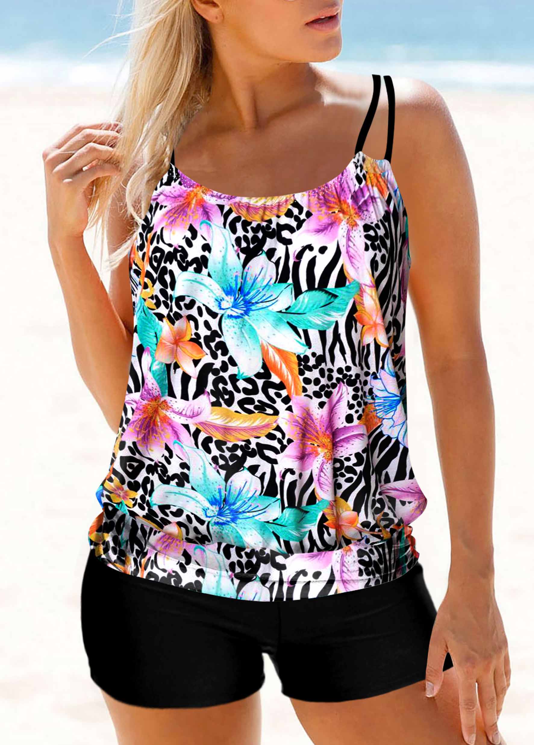 ROTITA Multi Color Double Straps Floral Print Tankini Top-No Bottom