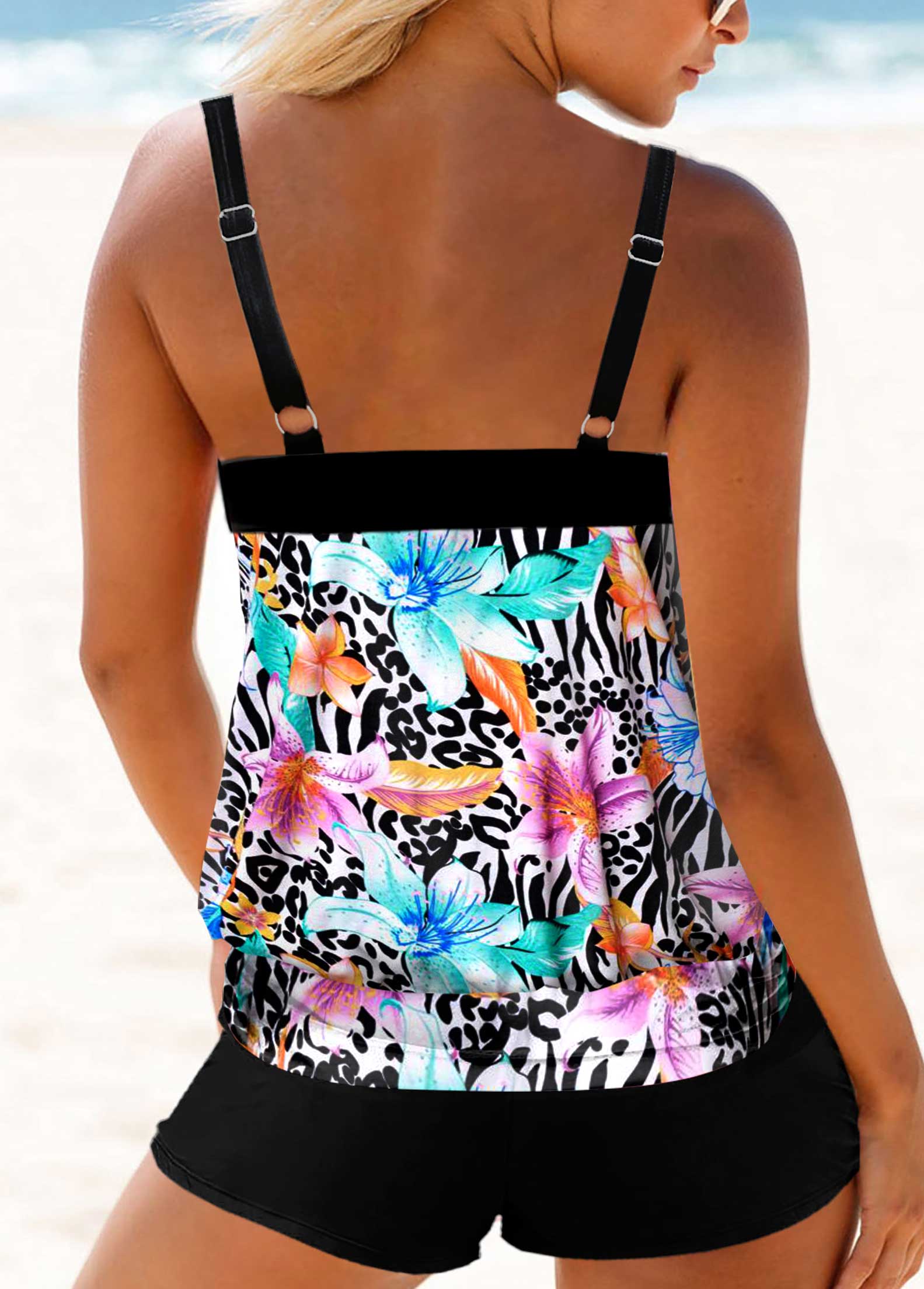 Multi Color swimwear,Floral swimwear,ROTITA Multi Color Double Straps Floral Print Tankini Top