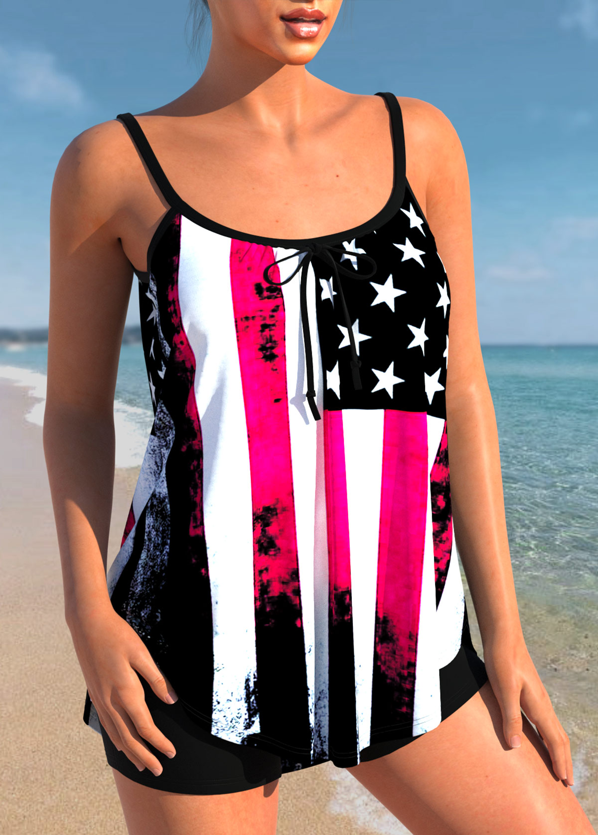 Black swimwear,Flag swimwear,ROTITA Black American Flag Print Spaghetti Strap Tankini Top