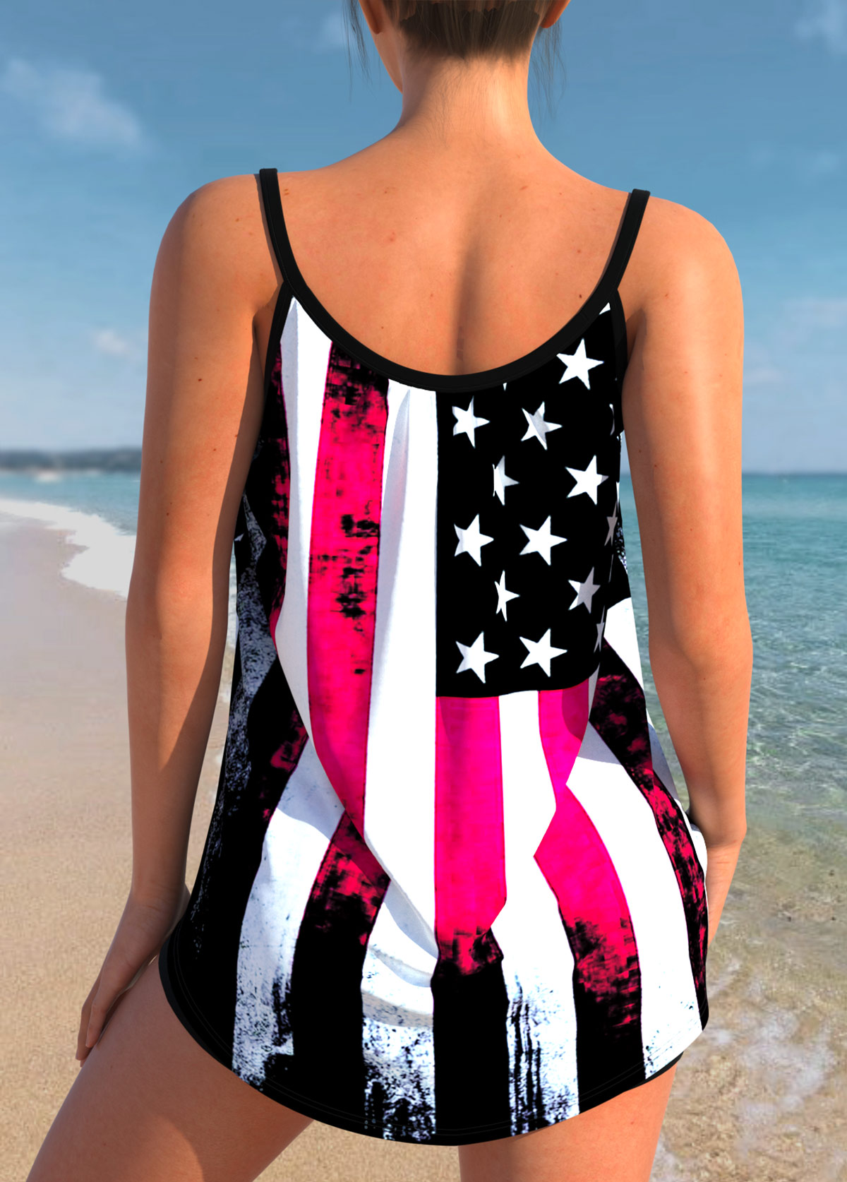 Black swimwear,Flag swimwear,ROTITA Black American Flag Print Spaghetti Strap Tankini Top