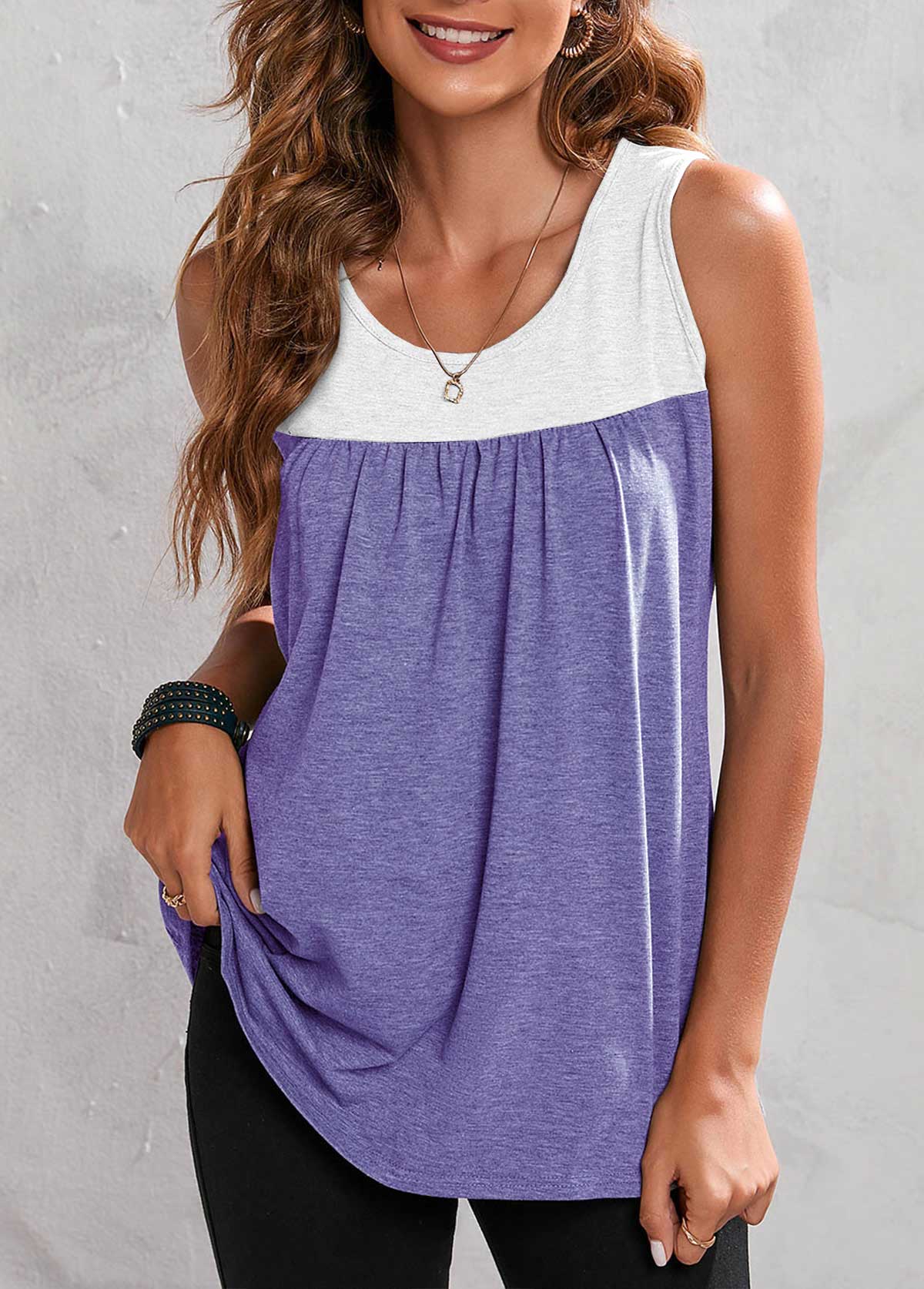 Light Purple tops,Contrast Color tops,Dusty Purple Wide Strap Contrast Tank Top