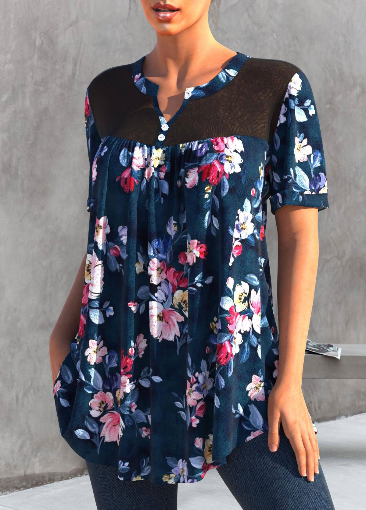 Floral tops,ROTITA Split Neck Floral Print Navy Blue T Shirt