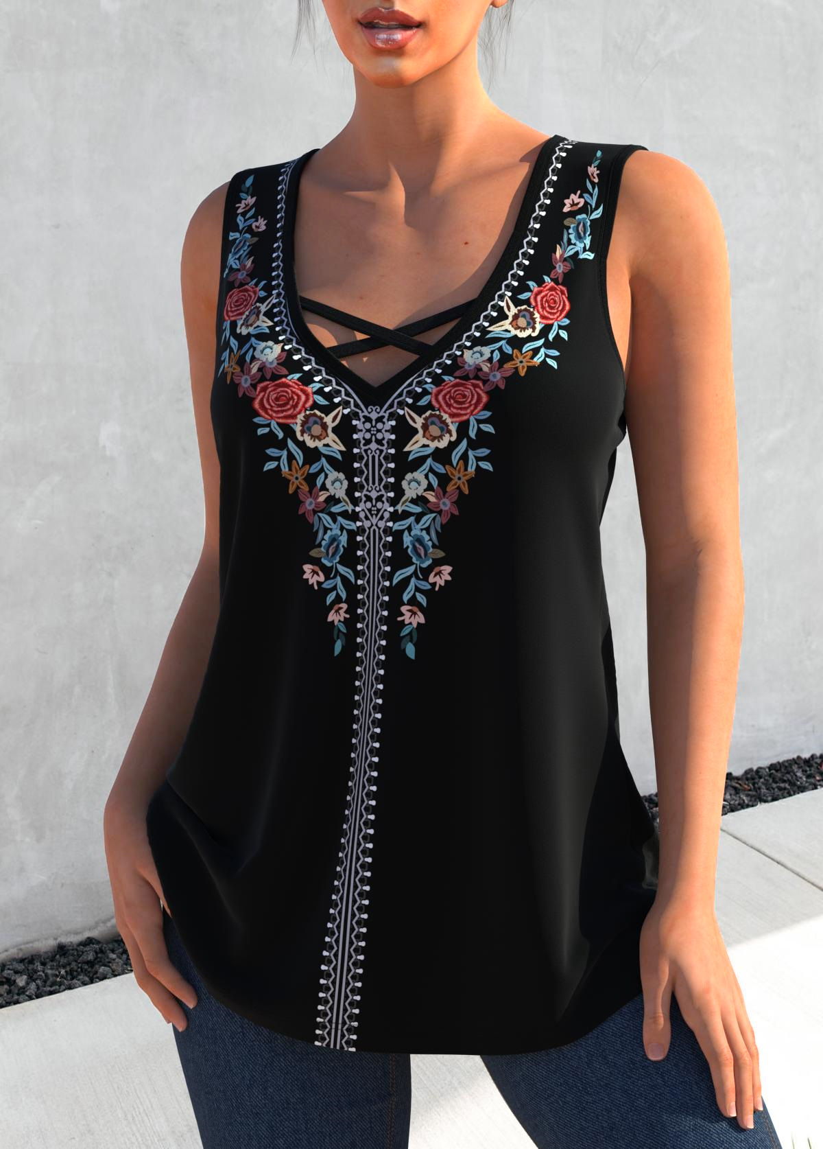 Black tops,Tribal tops,ROTITA Floral Print Black Cross Strap Tank Top
