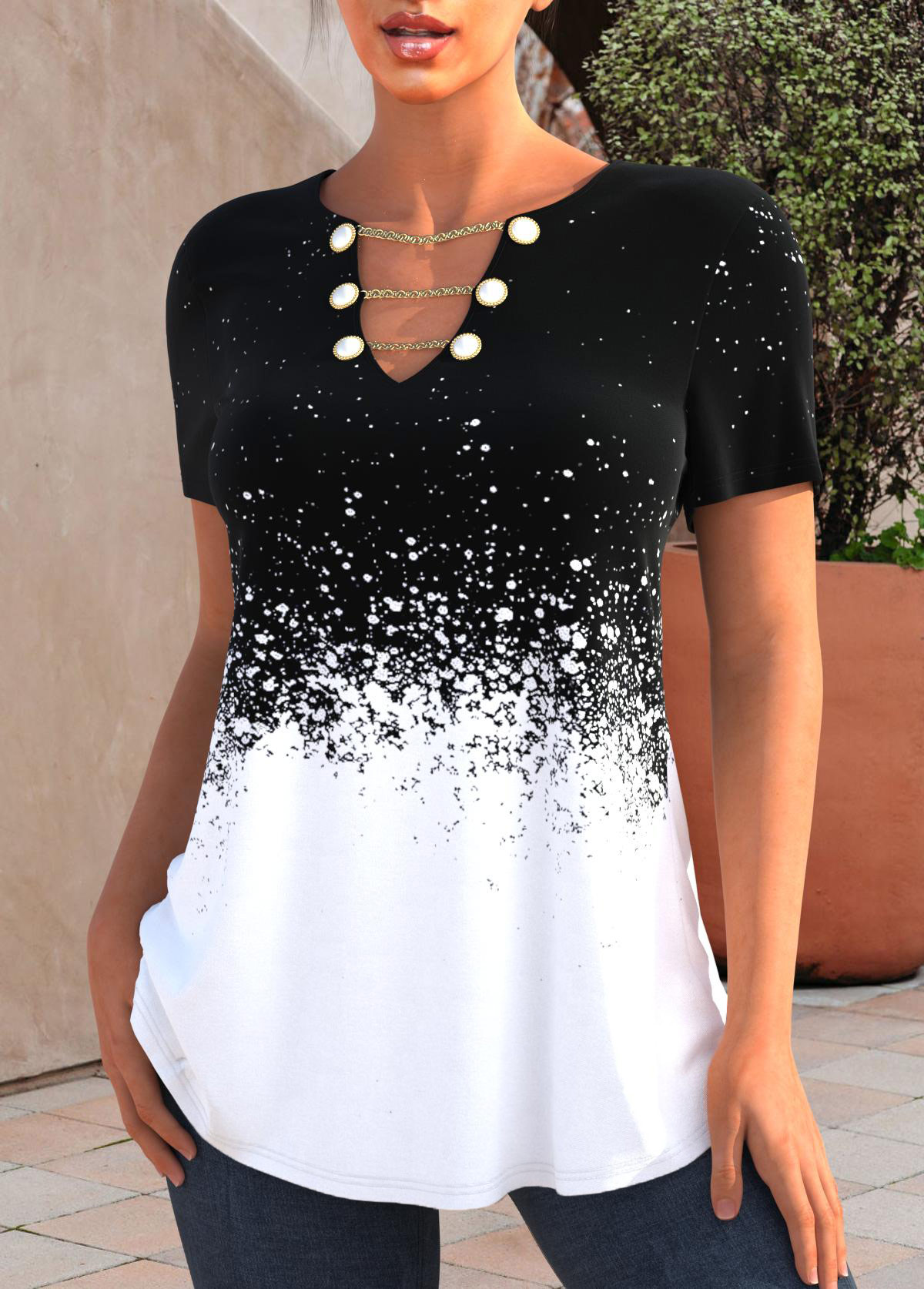 Black tops,Ombre tops,ROTITA Chain Design Black Splash Print T Shirt