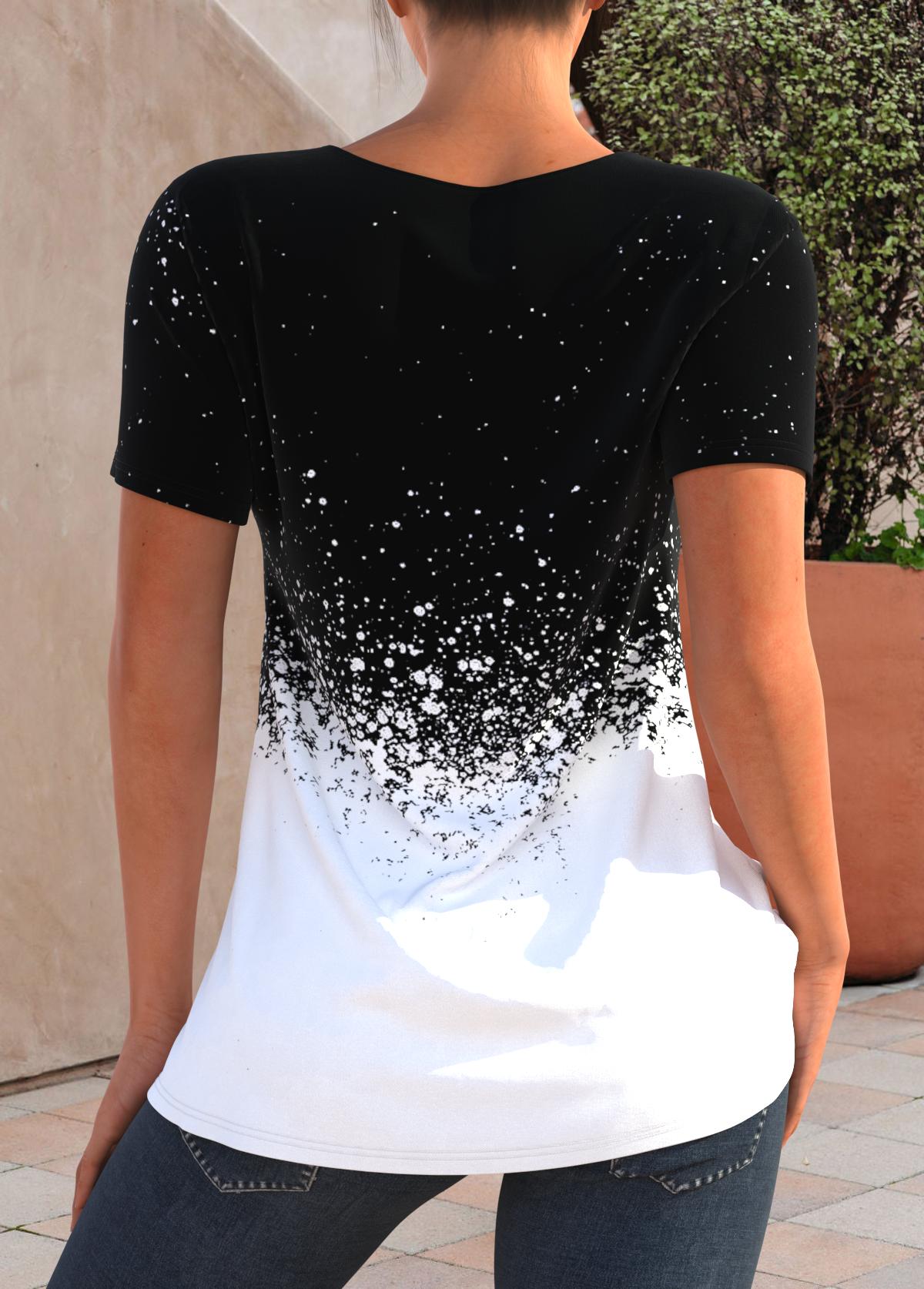 Black tops,Ombre tops,ROTITA Chain Design Black Splash Print T Shirt