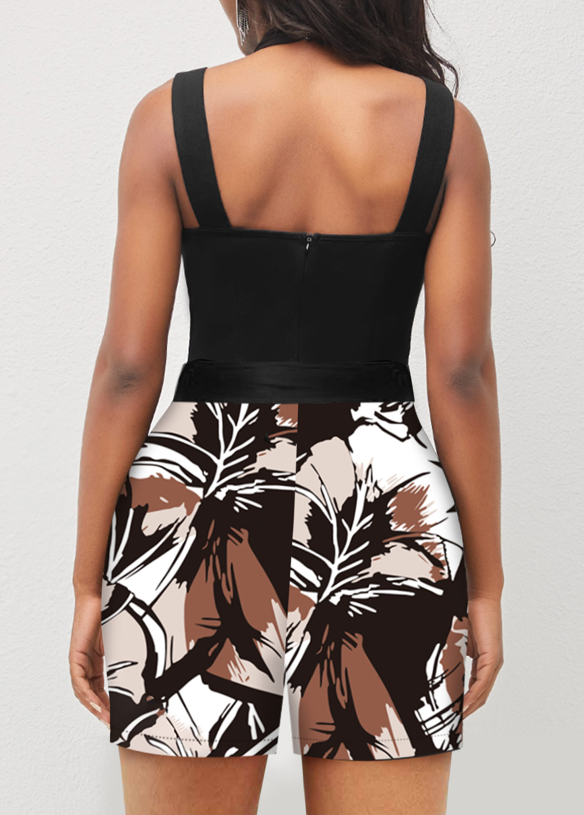 Black jumpsuits & rompers,Plants jumpsuits & rompers,ROTITA Criss Cross Plants Print Black Belted Romper