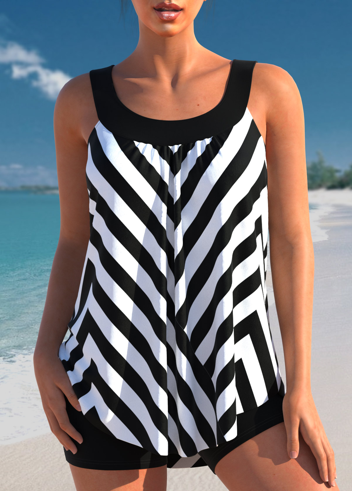 Black swimwear,Geometric swimwear,ROTITA Black Contrast Stripe Print Tankini Top
