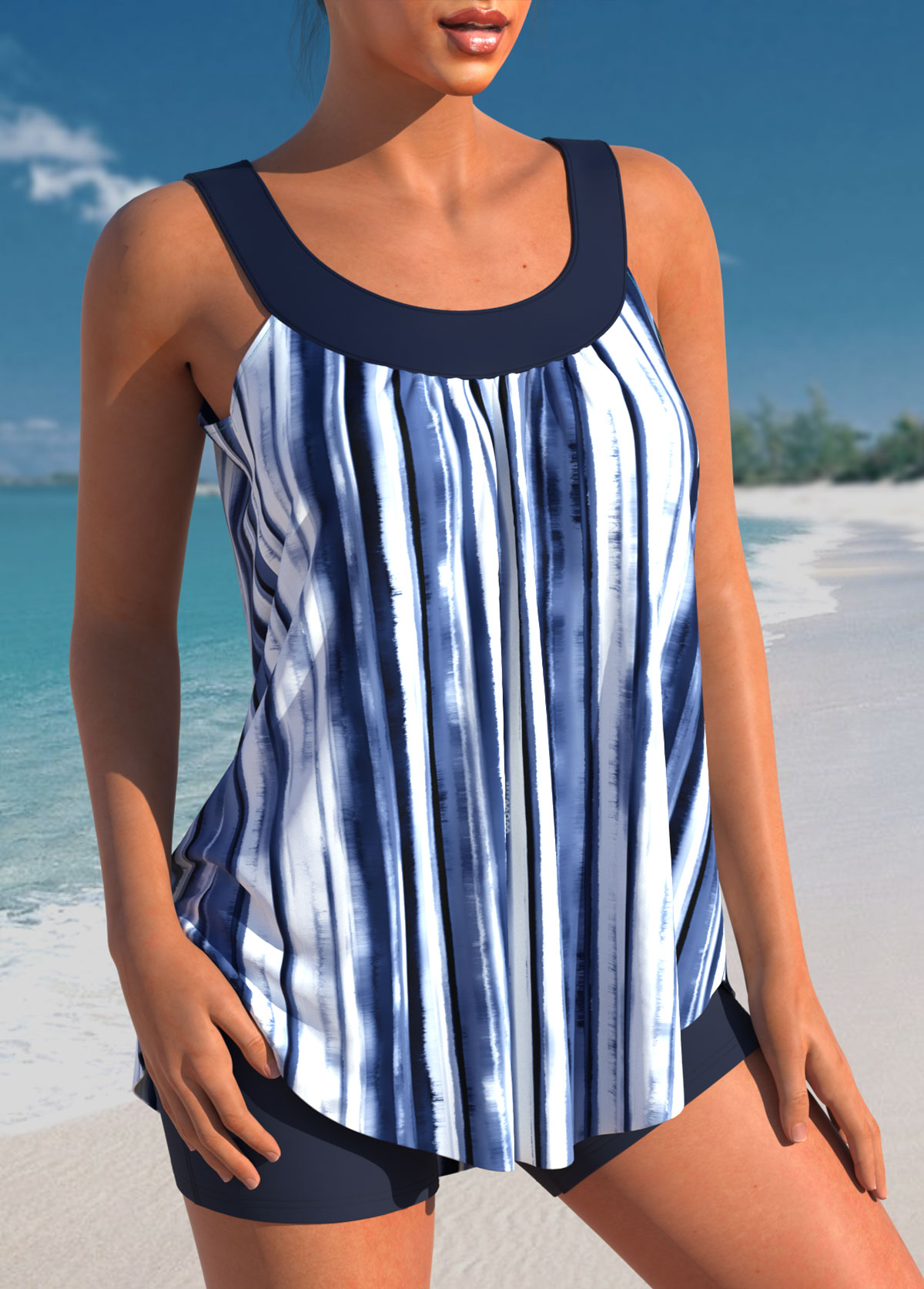 Navy swimwear,Tie Dye swimwear,ROTITA Stripe Print Wide Strap Navy Blue Tankini Set