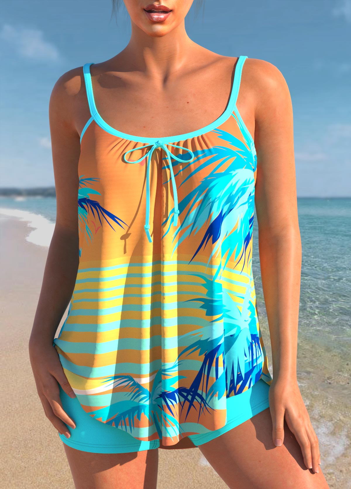 Cyan swimwear,Graphic swimwear,ROTITA Tropical Print Bowknot Cyan Tankini Set