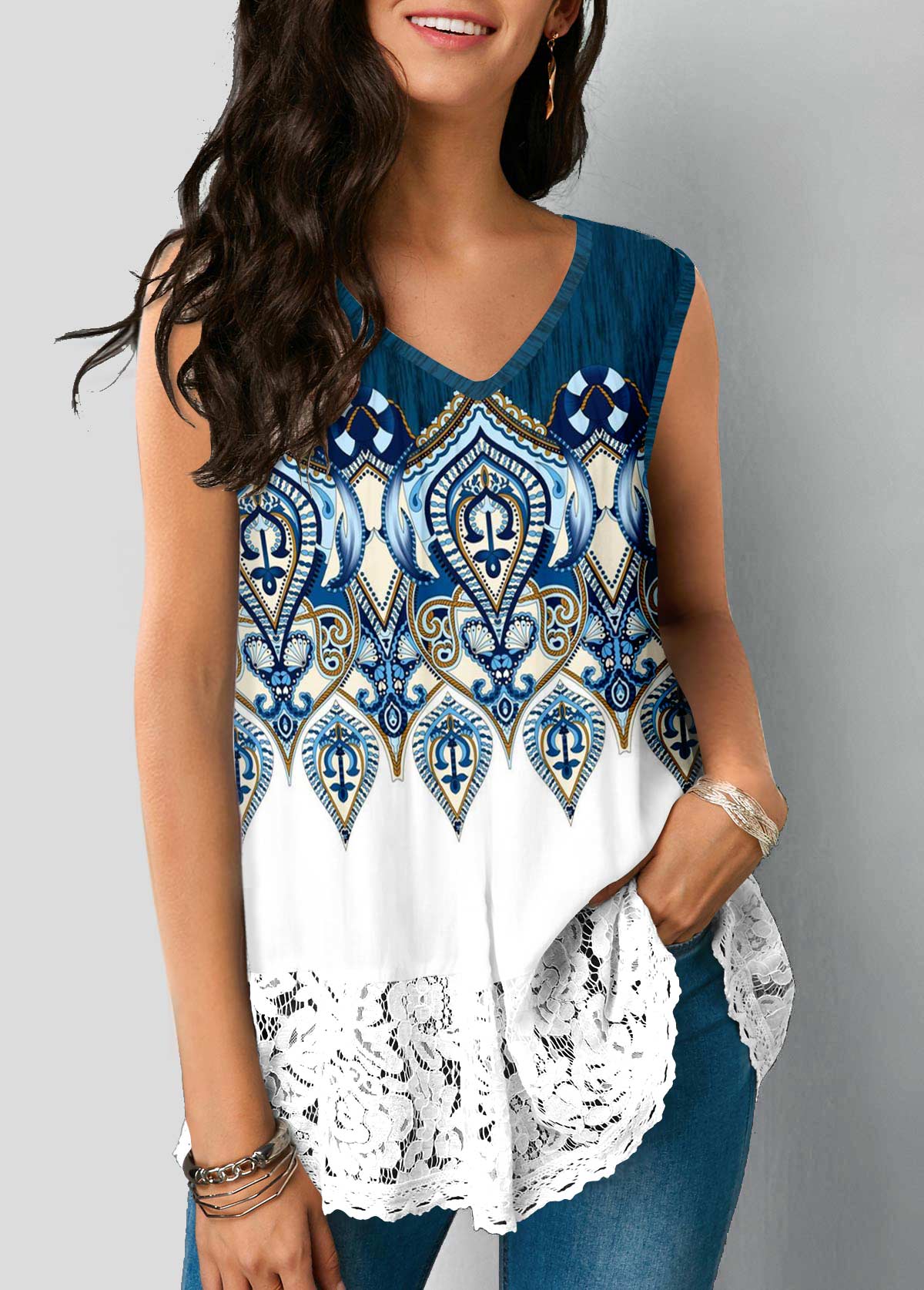ROTITA Blue Tribal Print Lace Stitching Tank Top