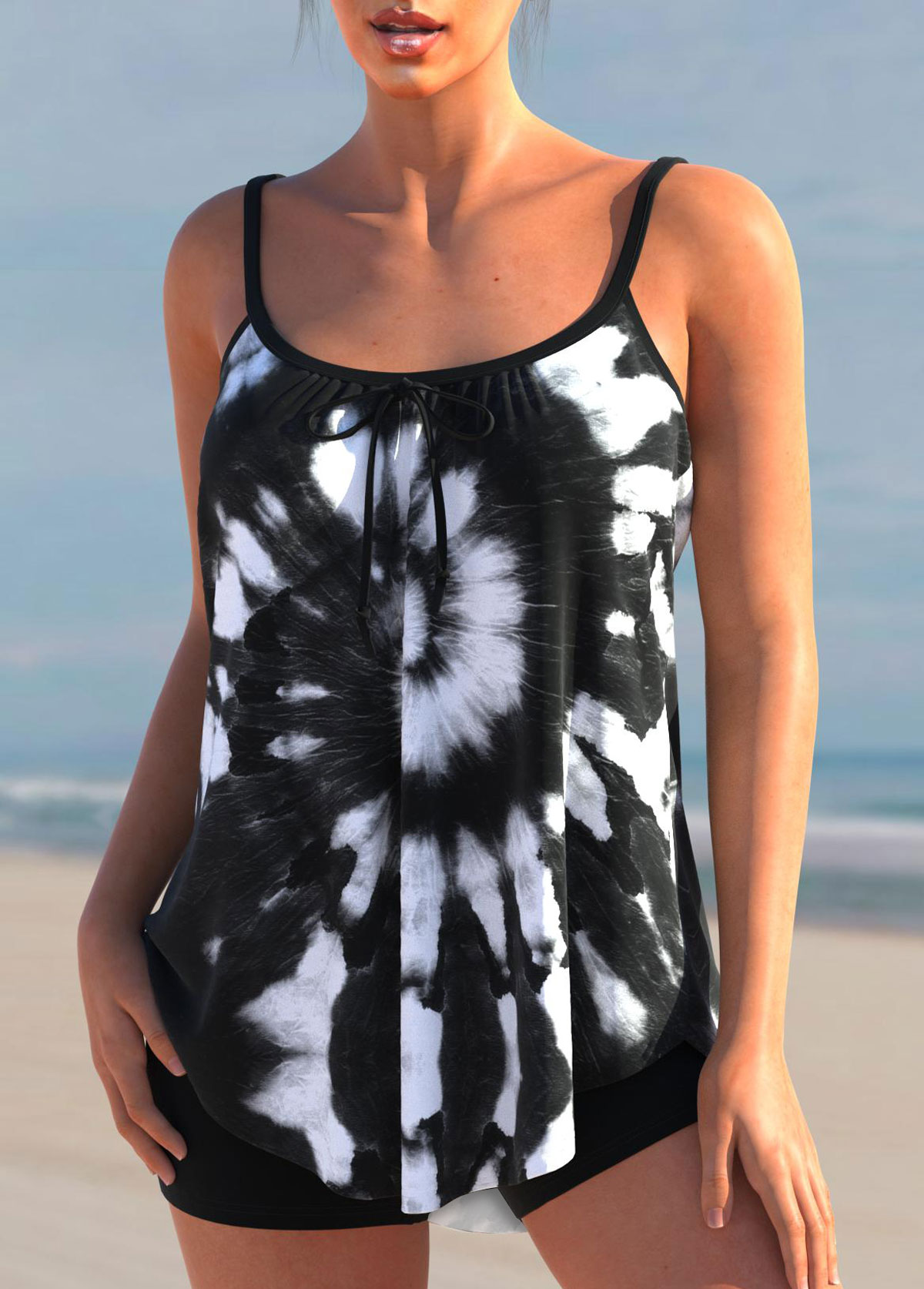 Black swimwear,Tie Dye swimwear,ROTITA Bowknot Black Contrast Tie Dye Print Tankini Top