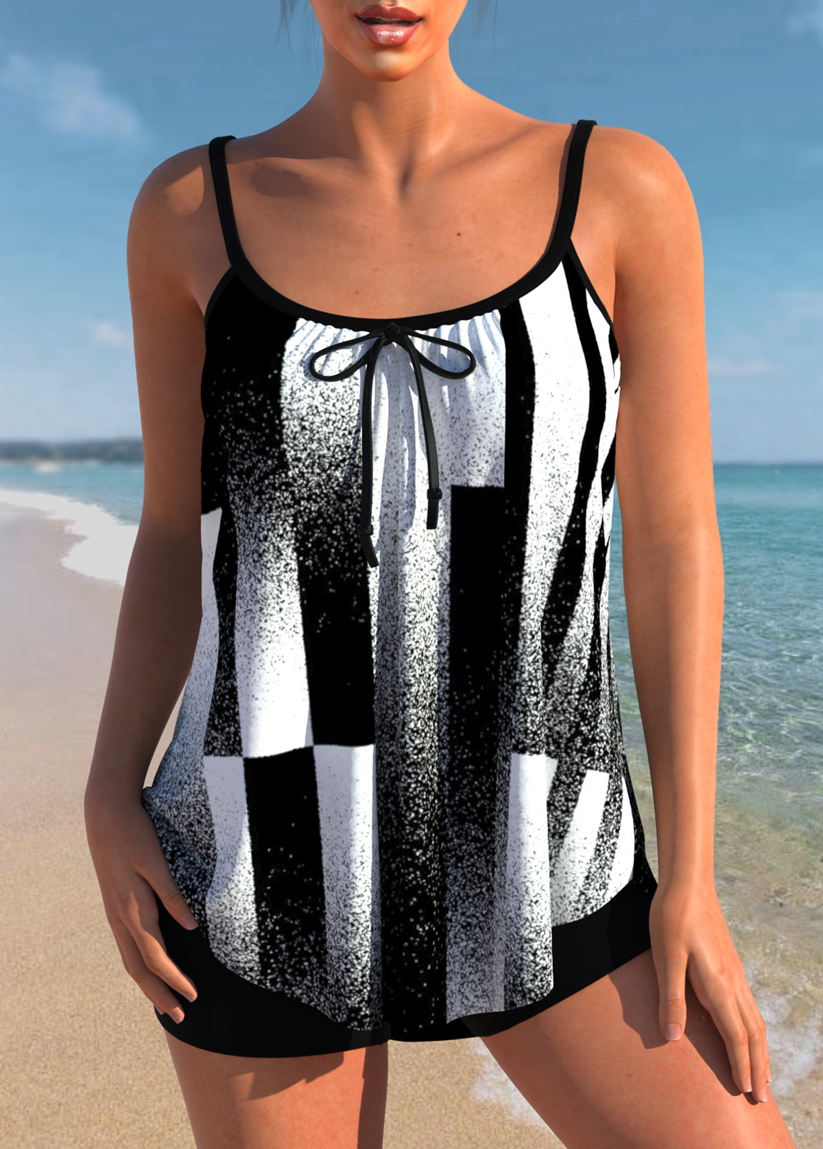 Black swimwear,Geometric swimwear,ROTITA Bowknot Black Contrast Geometric Print Tankini Top