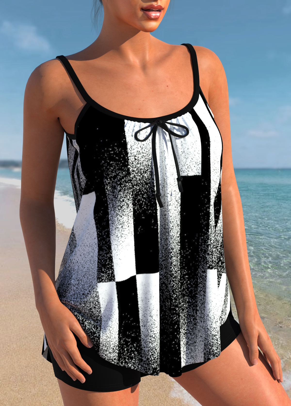 Black swimwear,Geometric swimwear,ROTITA Bowknot Black Contrast Geometric Print Tankini Top