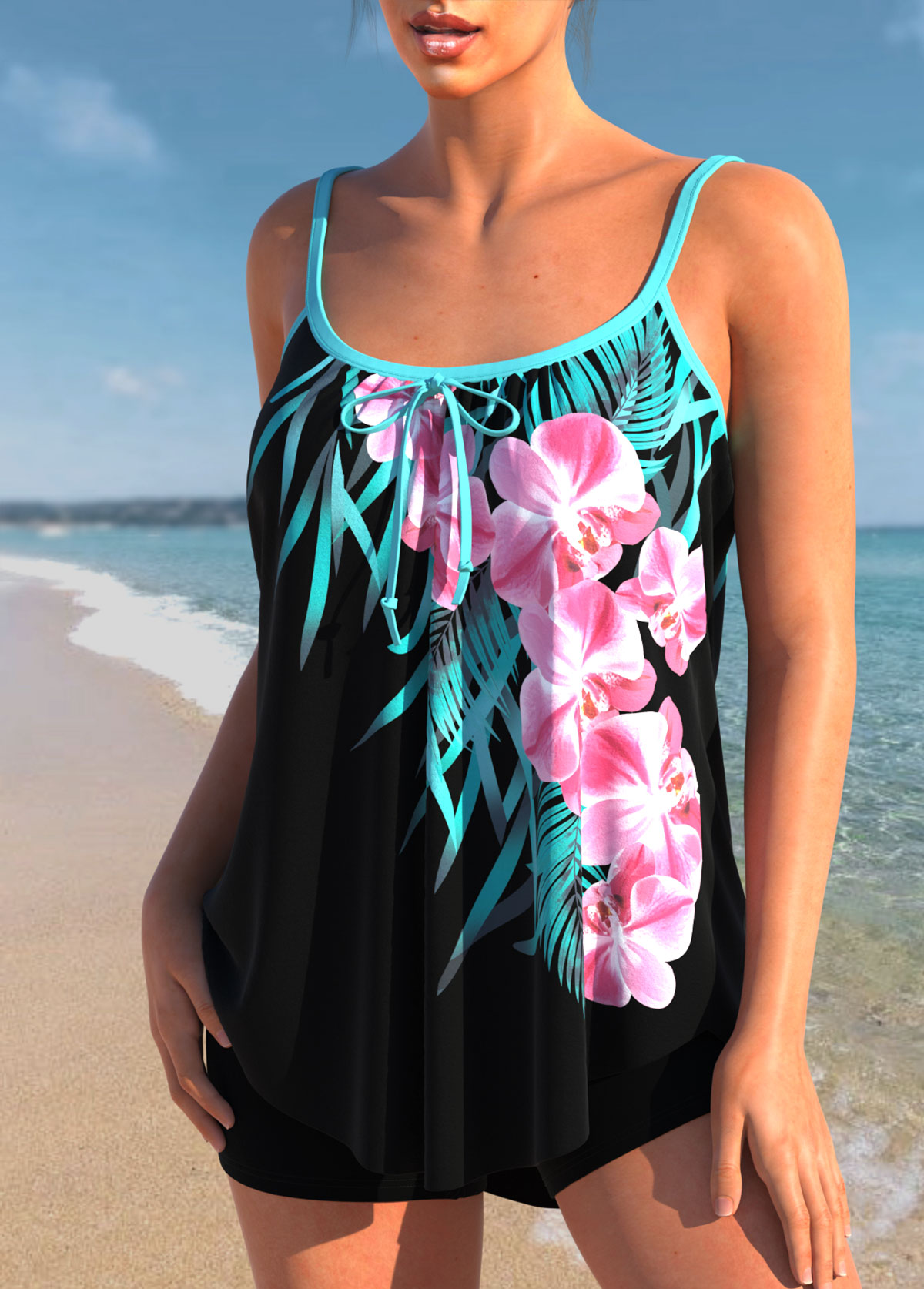 Black swimwear,Floral swimwear,ROTITA Black Bowknot Floral Print Tankini Top