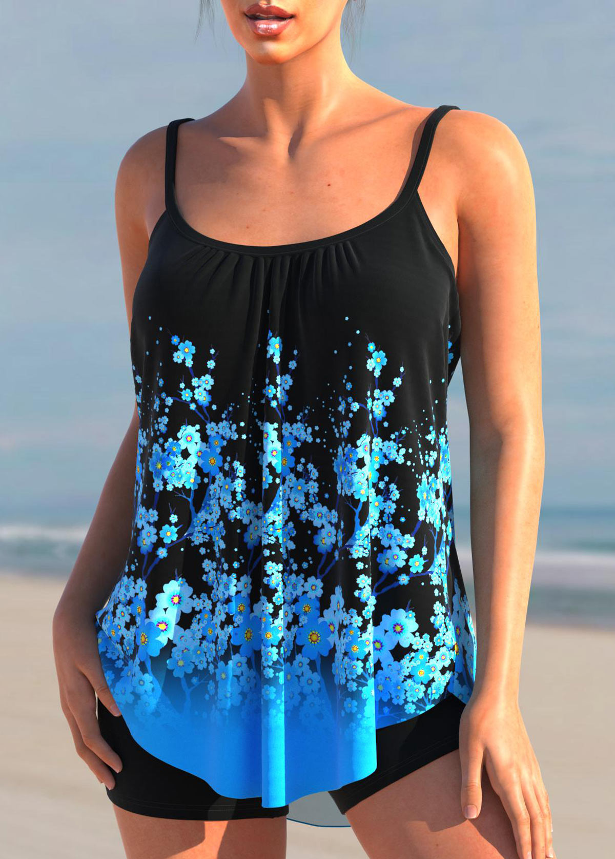 Blue swimwear,Floral swimwear,ROTITA Blue Floral Print Spaghetti Strap Tankini Top