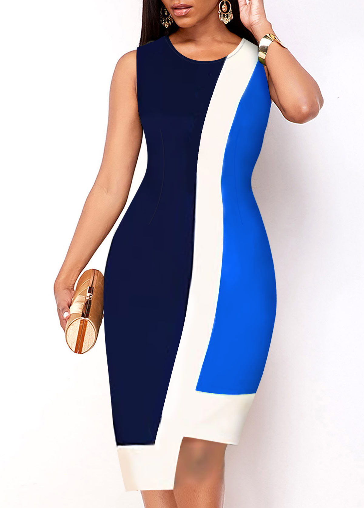 ROTITA Asymmetric Hem Blue Sleeveless Contrast Dress