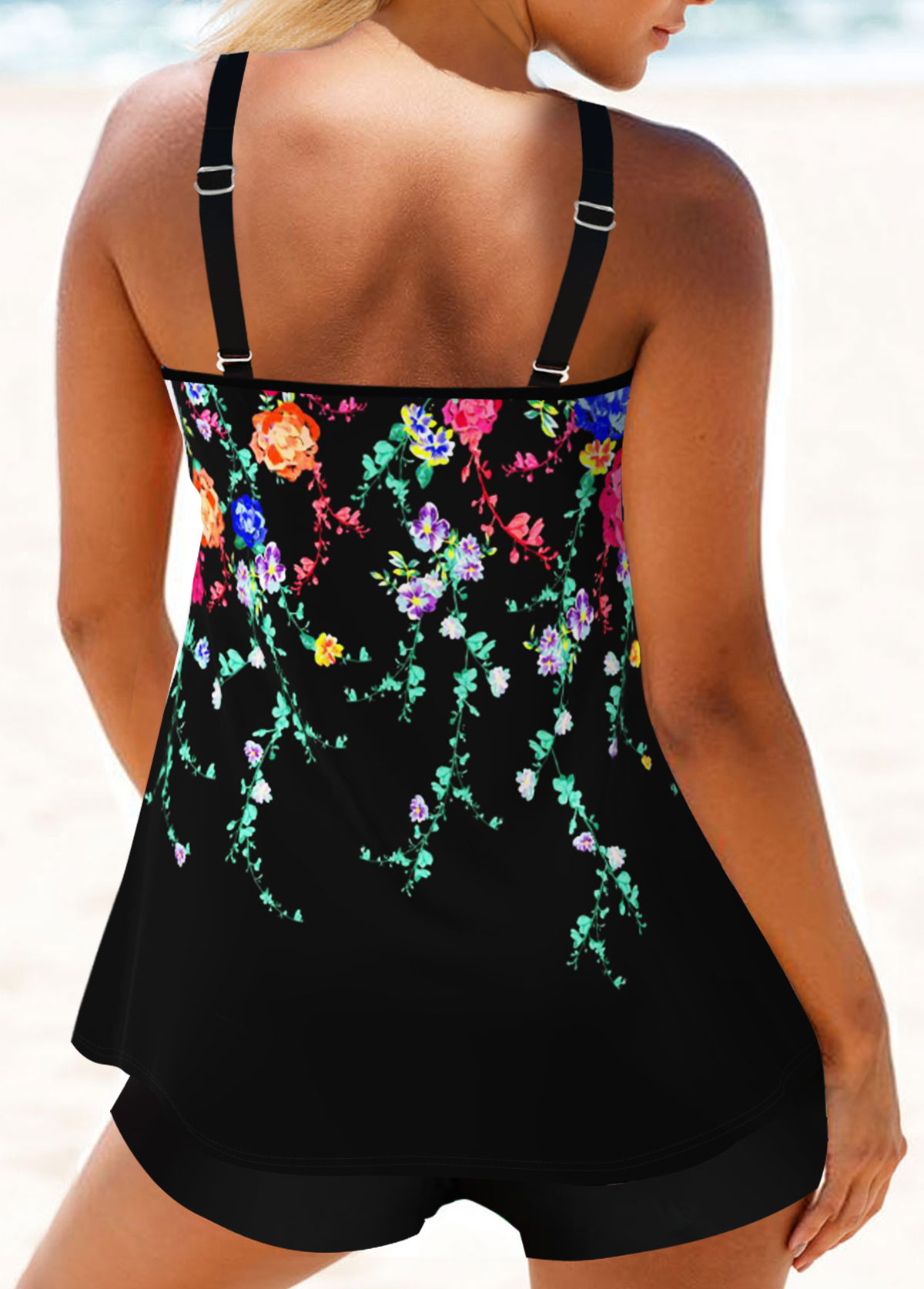 Black swimwear,Floral swimwear,ROTITA Black Floral Print Double Straps Tankini Top