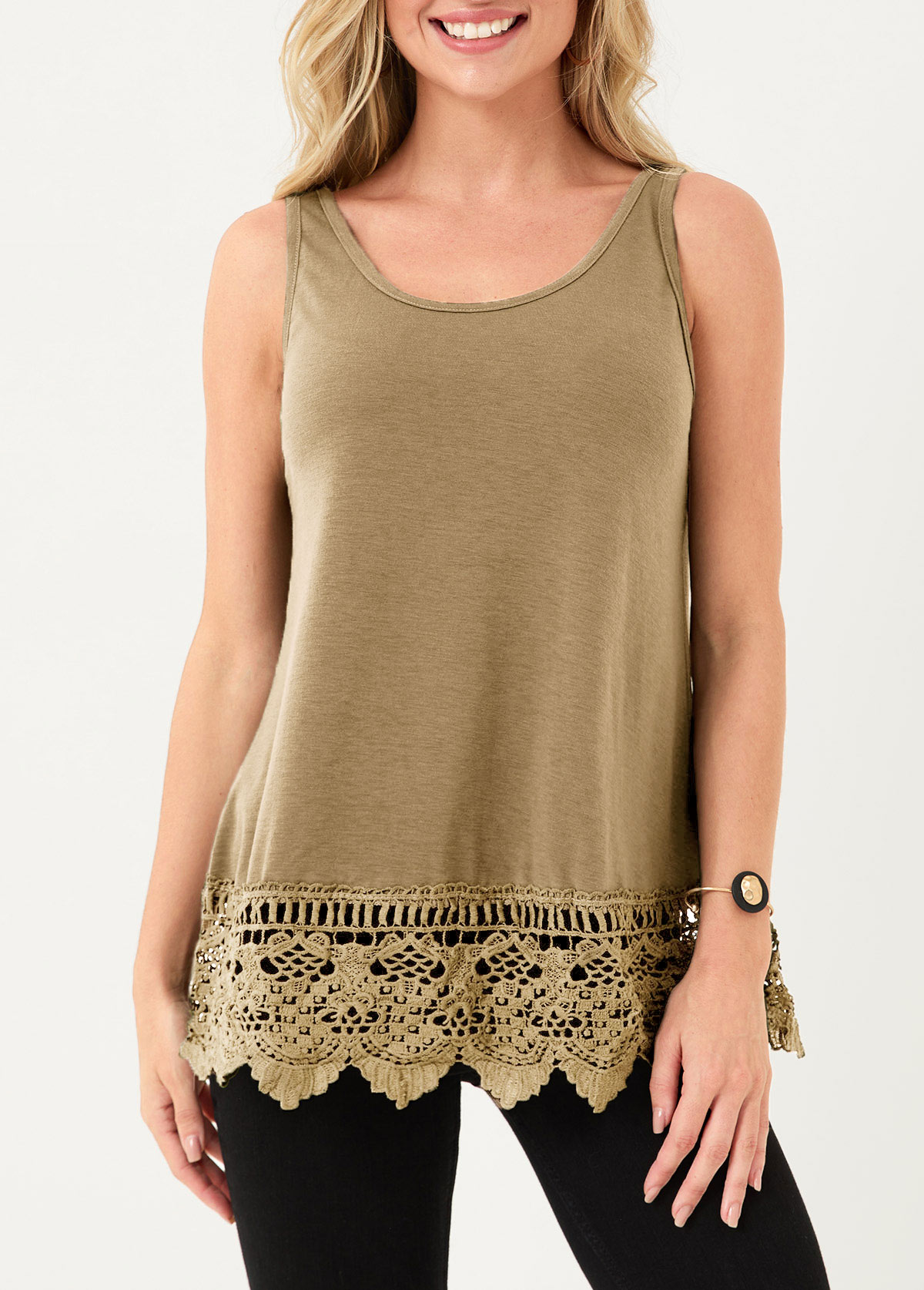 Light Camel tops,Plain Color tops,Lace Stitching Light Khaki Tank Top