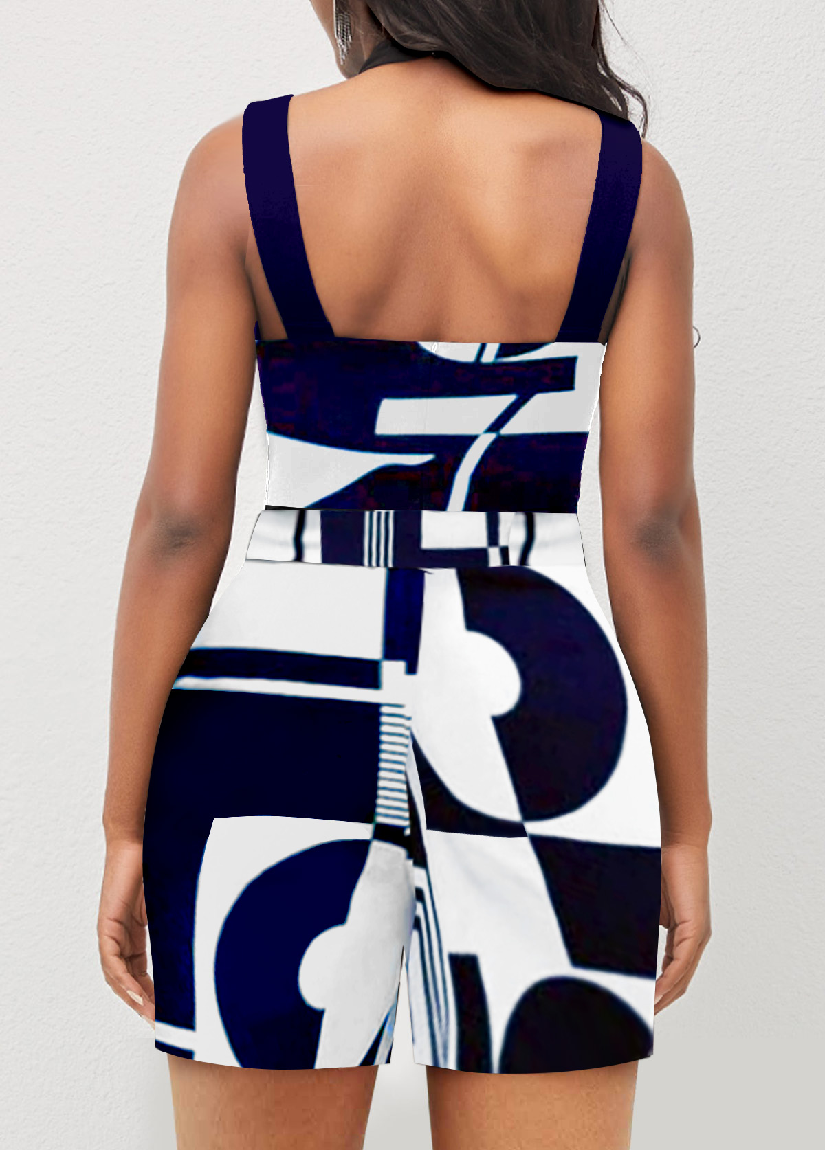 Geometric jumpsuits & rompers,ROTITA Belted Color Block Geometric Print Romper