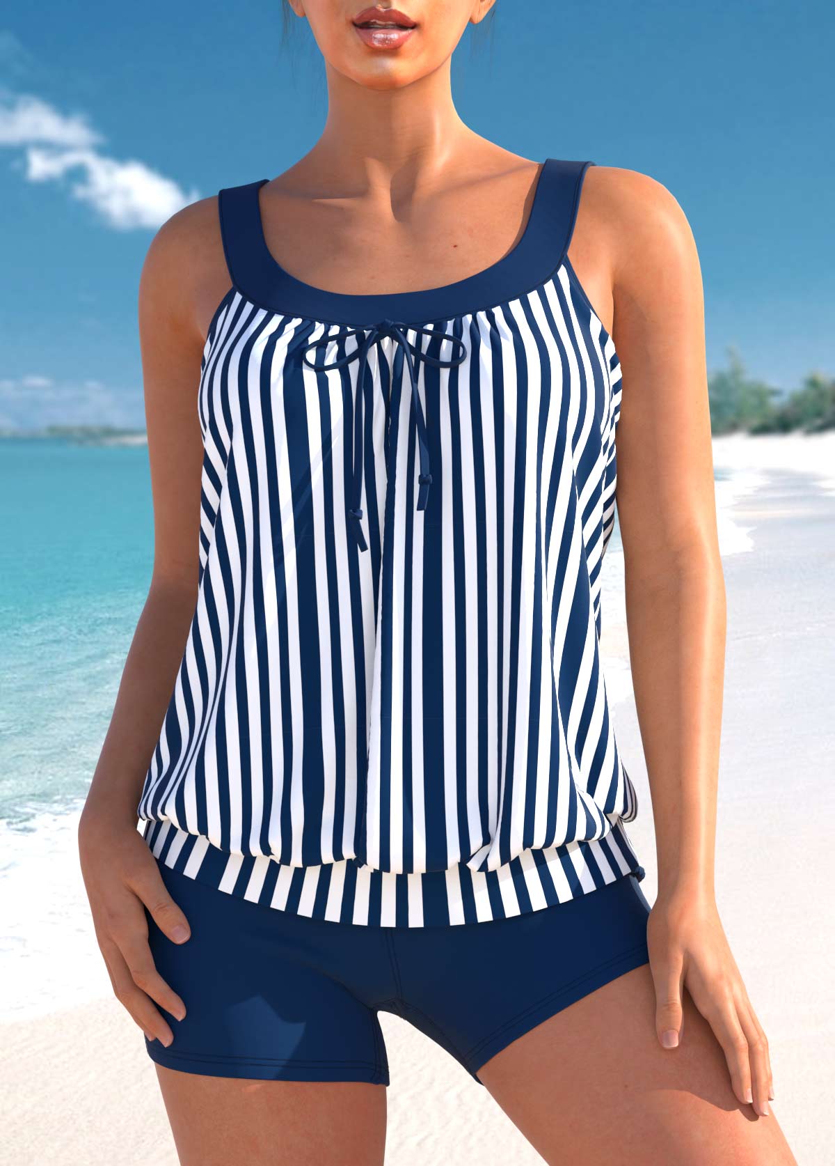 Blue swimwear,Striped swimwear,ROTITA Striped Bowknot Wide Strap Blue Tankini Set