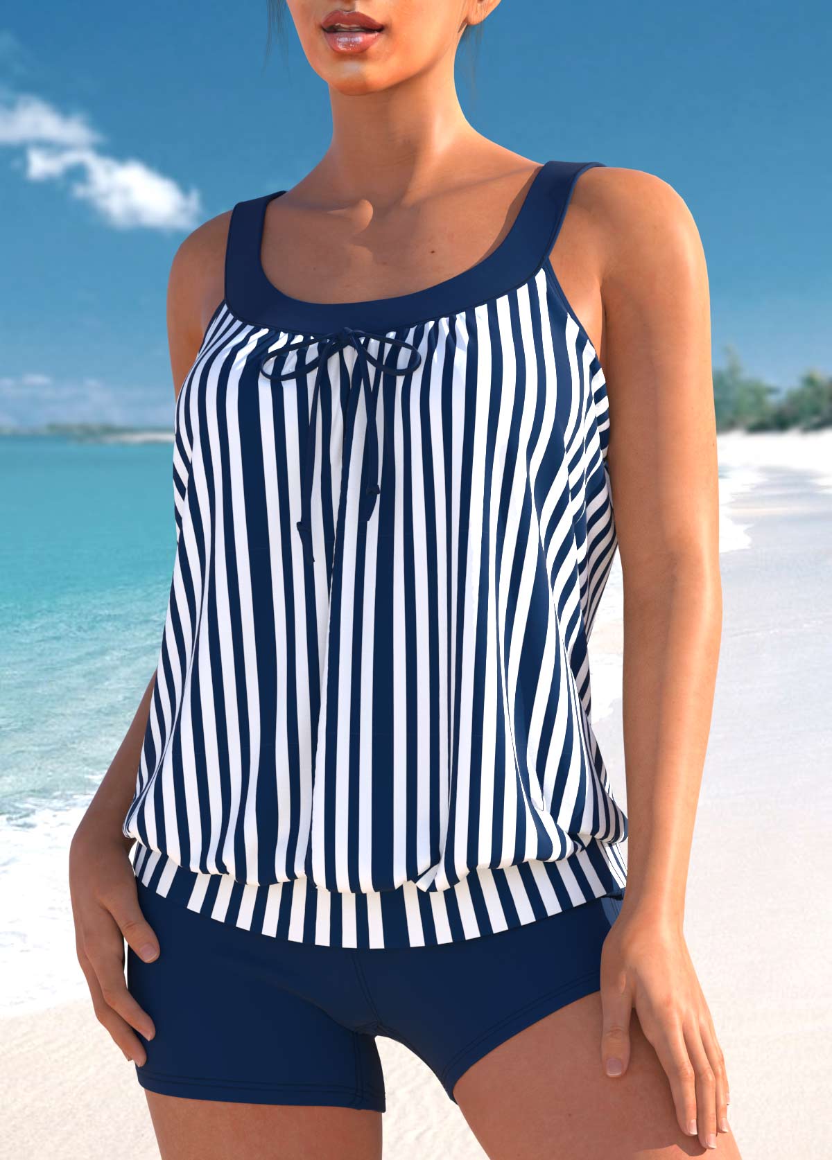 Blue swimwear,Striped swimwear,ROTITA Striped Bowknot Wide Strap Blue Tankini Set