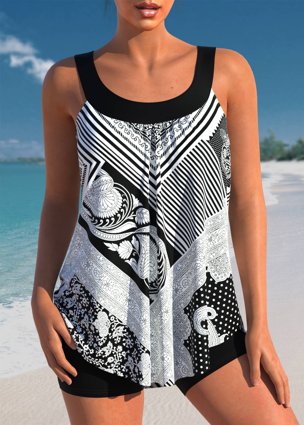 Schwarz gestreiftes Tankini-Oberteil mit Rotita-Tribal-Print-Kein Boden