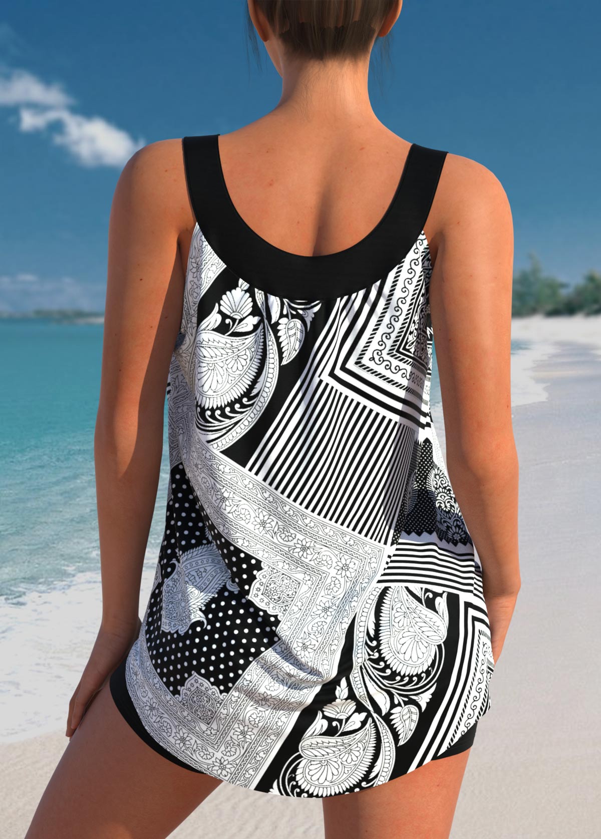 Black swimwear,Geometric swimwear,ROTITA Tribal Print Black Striped Tankini Top