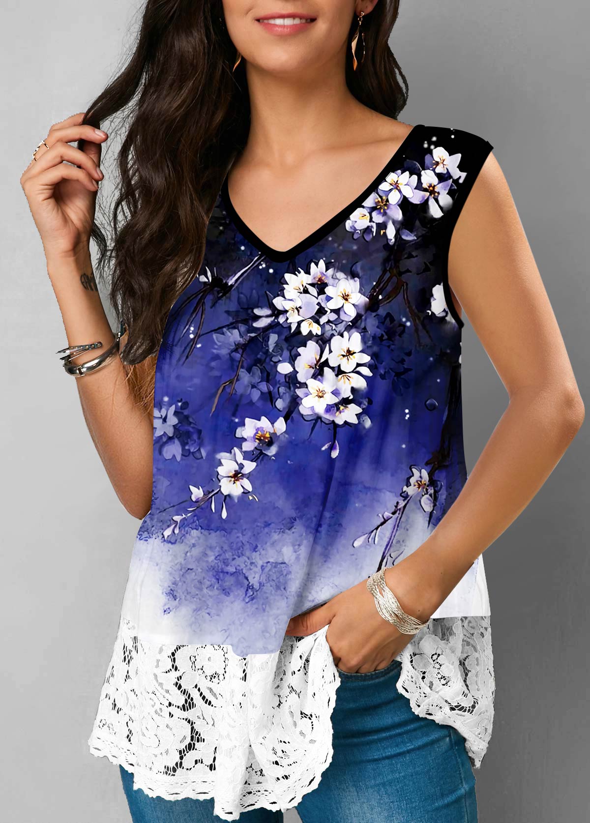 Multi Color tops,Floral tops,ROTITA V Neck Lace Stitching Multi Color Tank Top