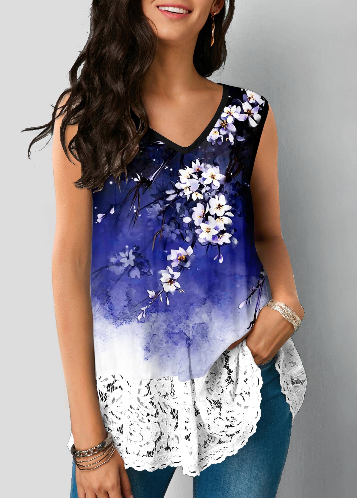 Multi Color tops,Floral tops,ROTITA V Neck Lace Stitching Multi Color Tank Top