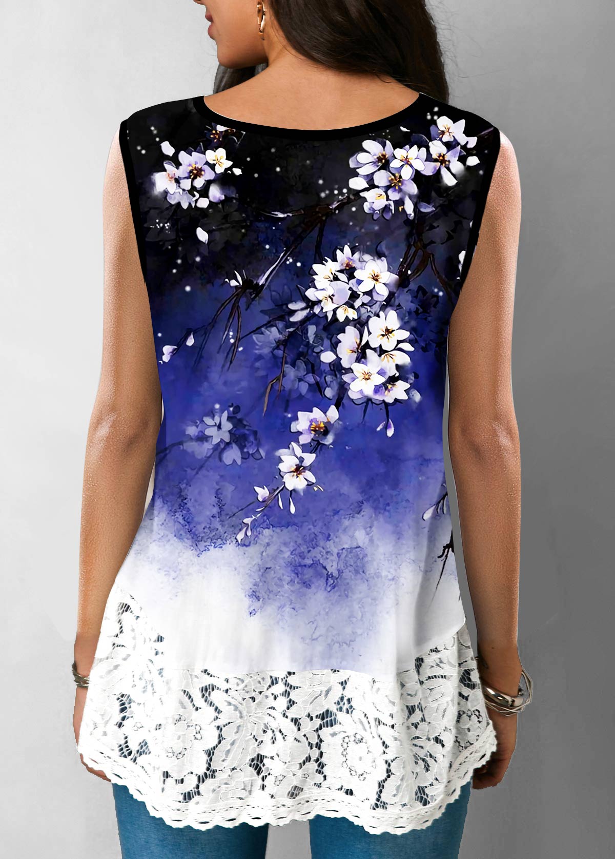 Multi Color tops,Floral tops,ROTITA V Neck Lace Stitching Multi Color Tank Top