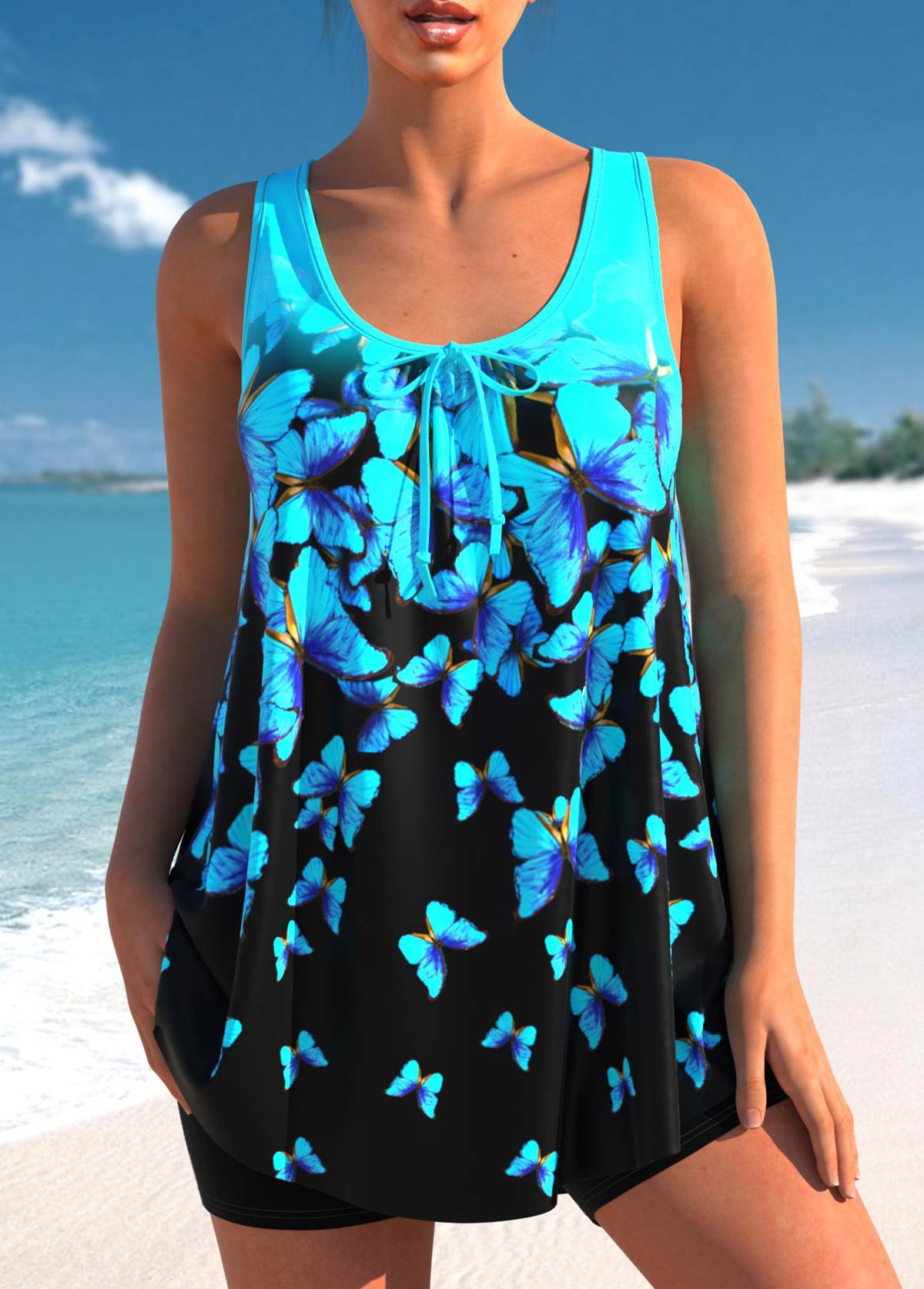 Cyan swimwear,Animal Print swimwear,ROTITA Butterfly Print Cyan Ombre Tankini Top