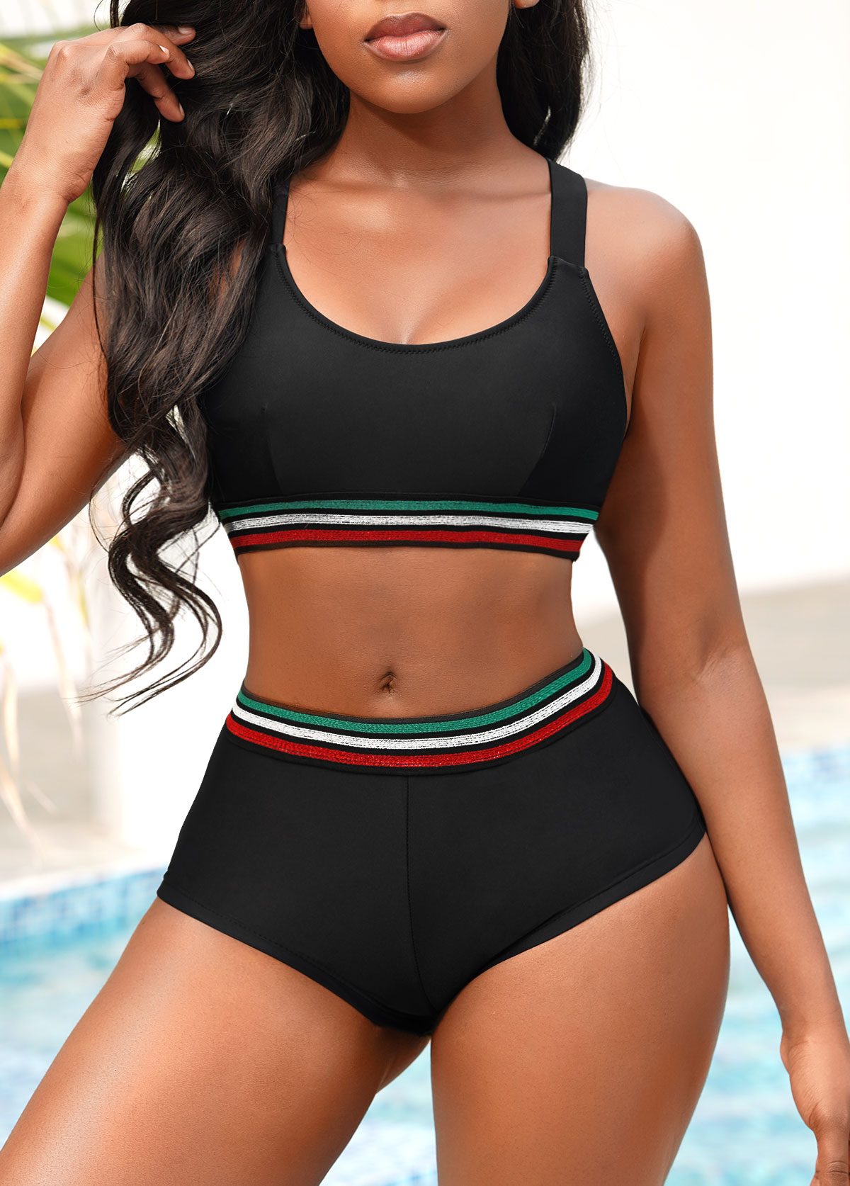 Wide Strap Black Mid Waist Bikini Set