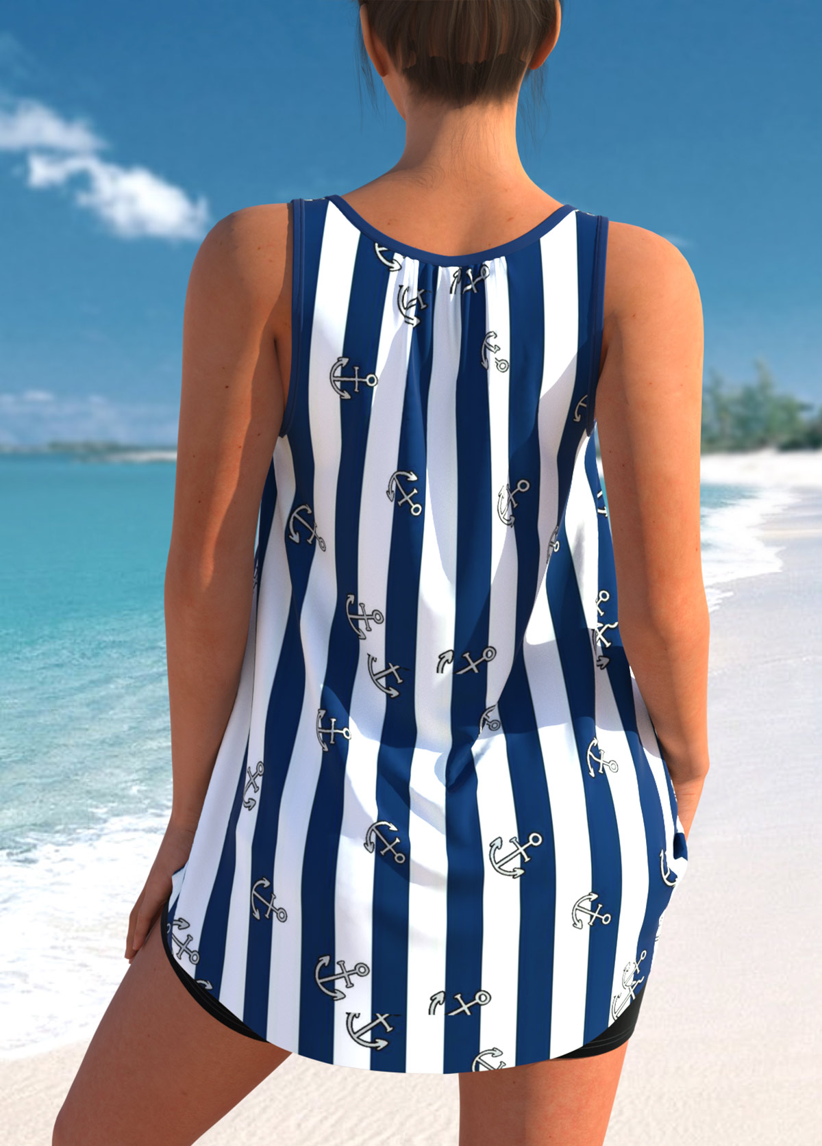Navy plus size,Striped plus size,ROTITA Striped Navy Blue Plus Size Bowknot Tankini Top