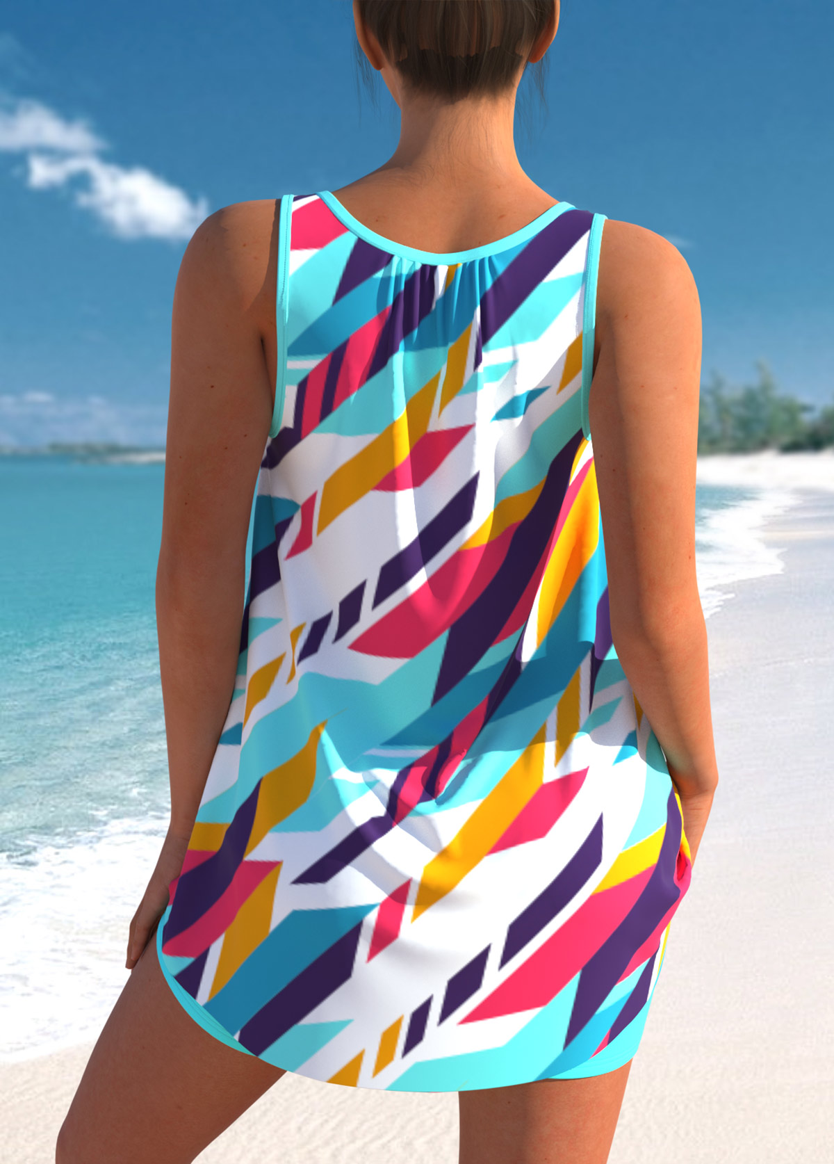 Cyan swimwear,Geometric swimwear,ROTITA Geometric Print Cyan Bowknot Tankini Set