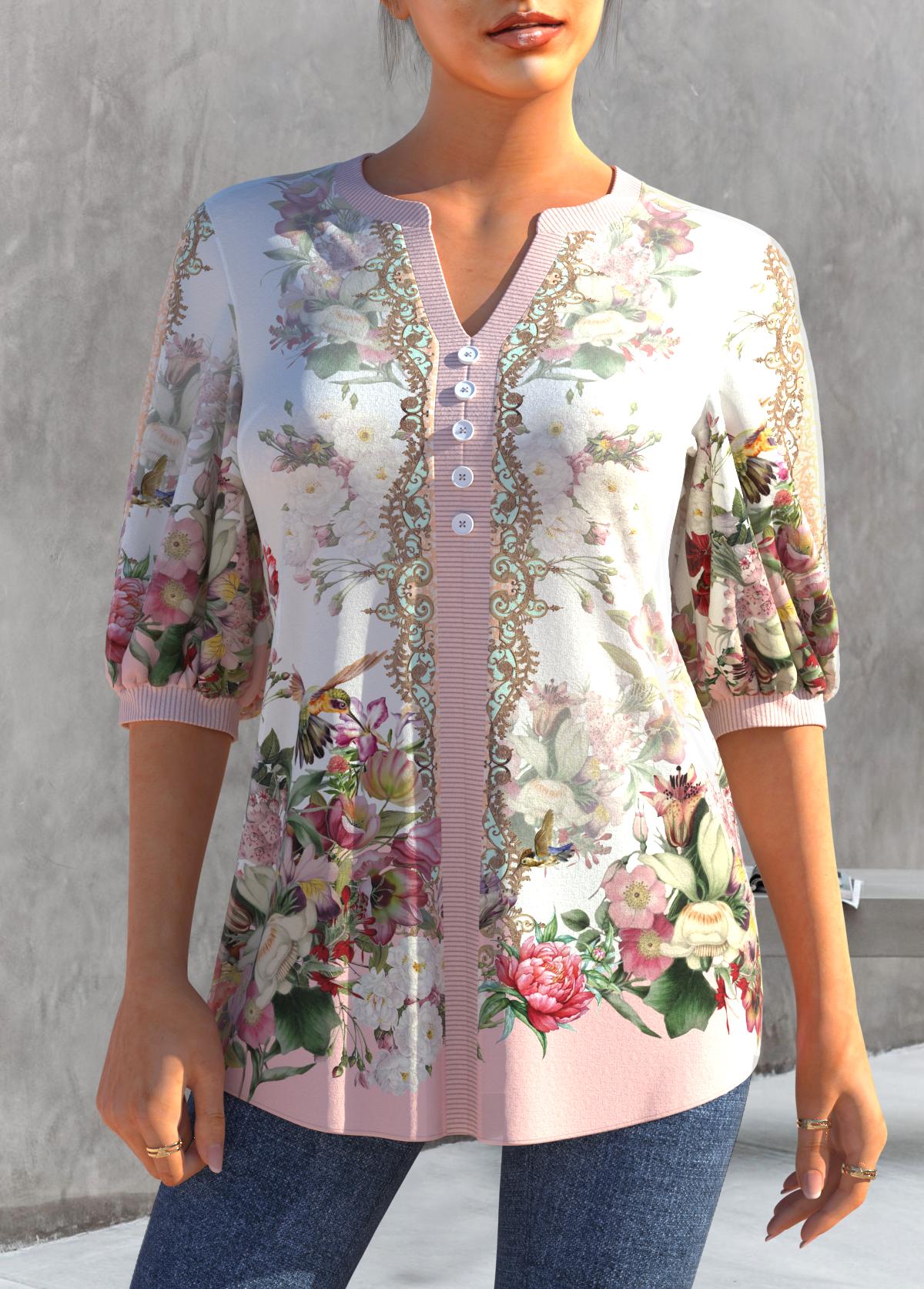 Light Pink tops,Floral tops,ROTITA Split Neck Floral Print Light Pink Blouse