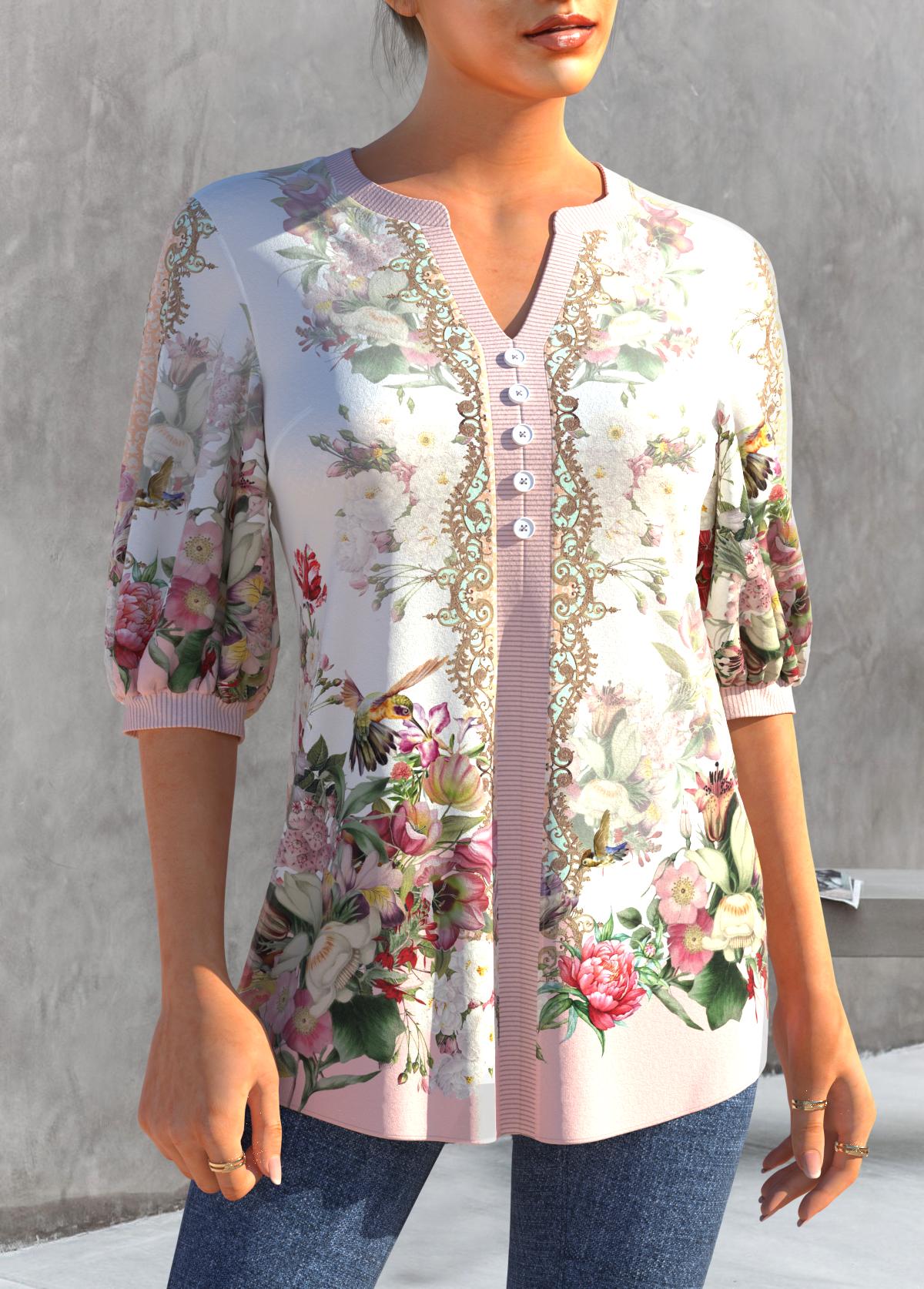 Light Pink tops,Floral tops,ROTITA Split Neck Floral Print Light Pink Blouse
