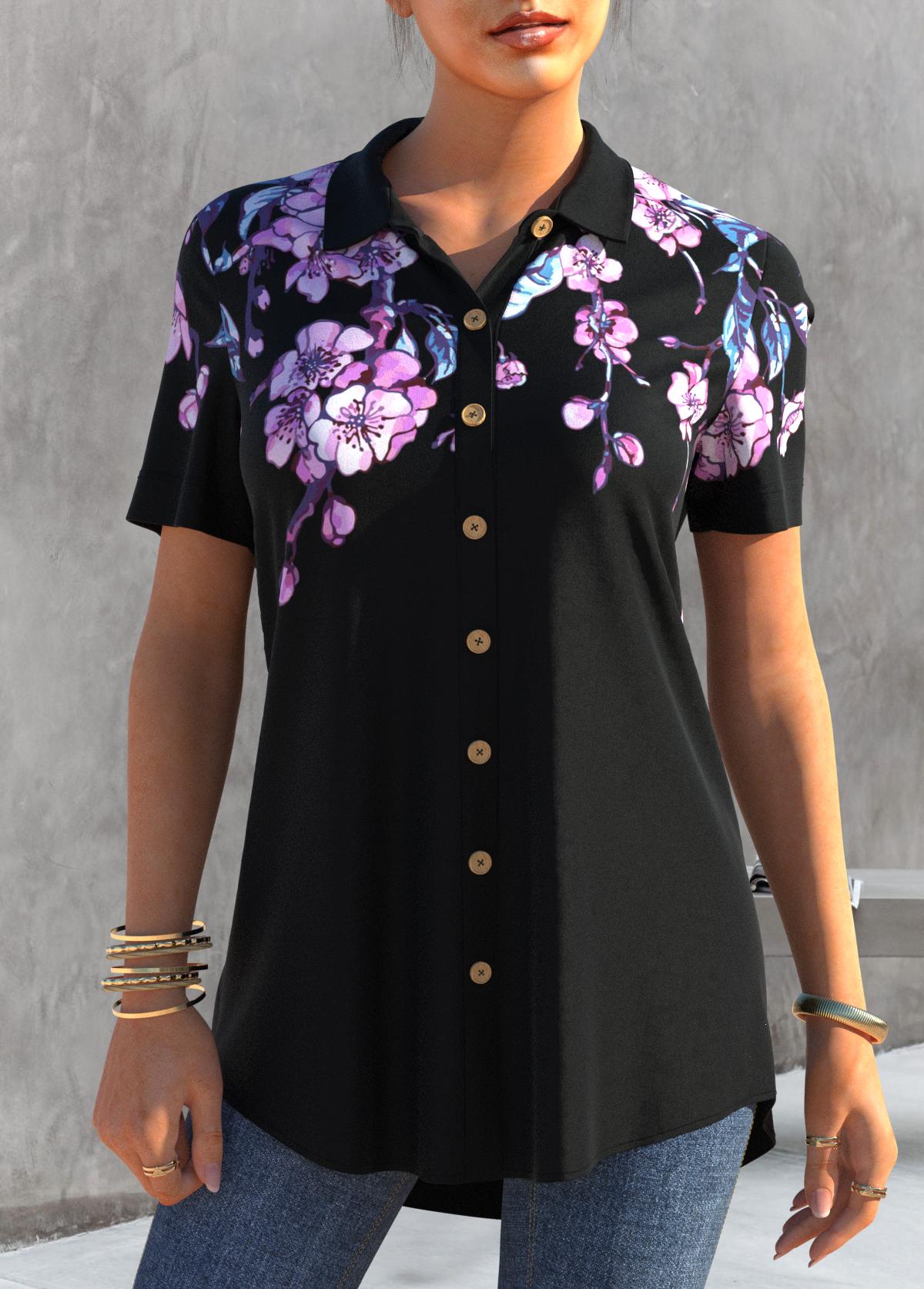 Black tops,Floral tops,ROTITA Floral Print Button Up Black Blouse