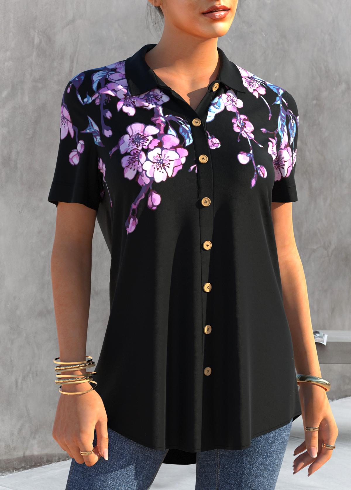 Black tops,Floral tops,ROTITA Floral Print Button Up Black Blouse
