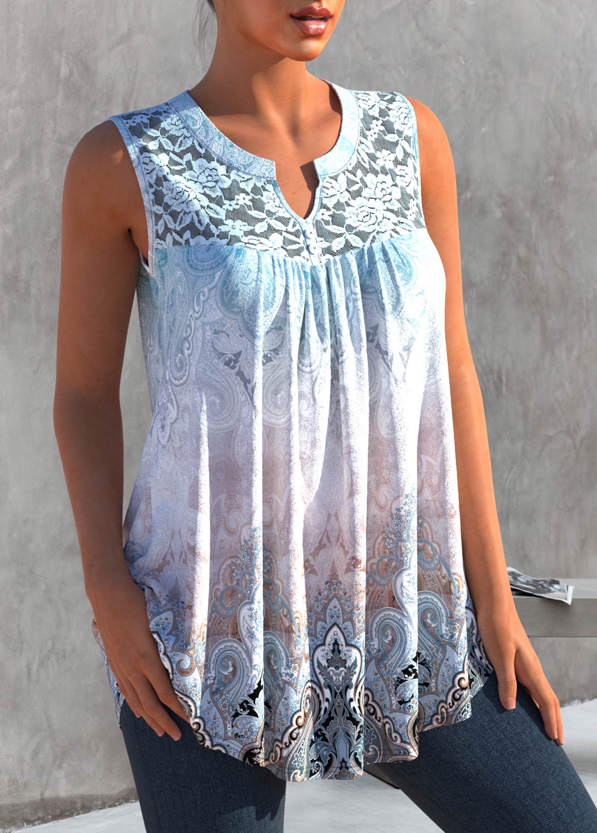 Multi Color tops,Tribal tops,ROTITA Tribal Print Lace Stitching Split Neck Tank Top