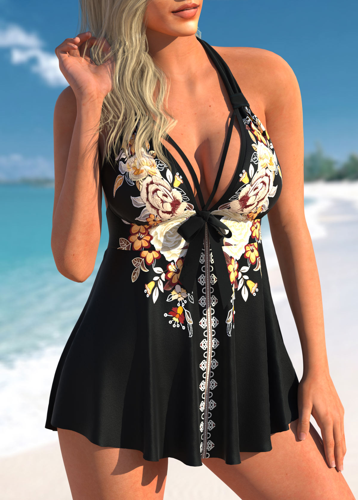 Black swimwear,Floral swimwear,ROTITA Floral Print Tie Front Black Swimdress Top
