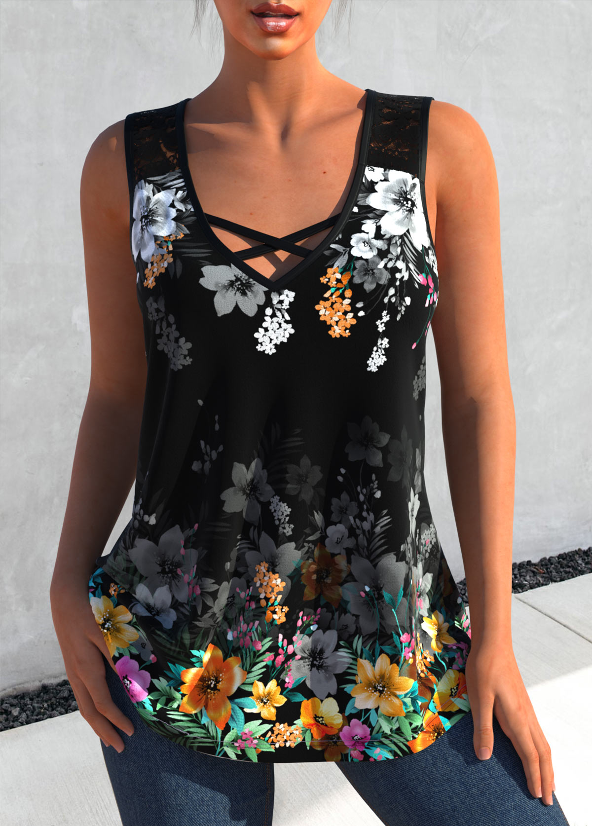 Black tops,Floral tops,ROTITA Lace Stitching Black Floral Print Tank Top