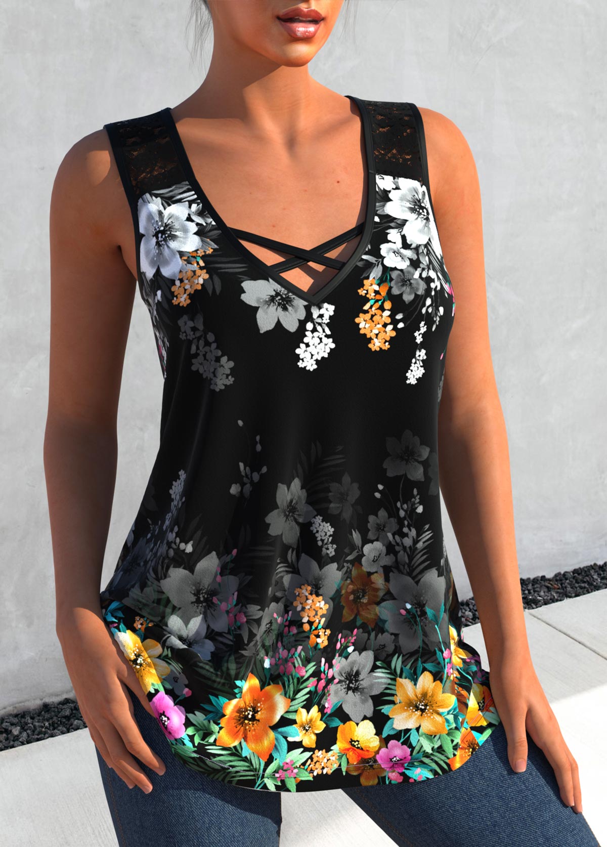 Black tops,Floral tops,ROTITA Lace Stitching Black Floral Print Tank Top